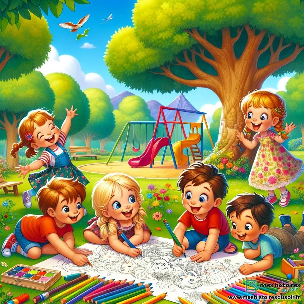Illustration destinée aux enfants représentant un groupe d'enfants de sept ans, rassemblés dans un parc ensoleillé, où un grand arbre aux feuilles vertes et luxuriantes se dresse au centre, entouré de balançoires colorées et d'un toboggan. Au premier plan, un garçon aux cheveux bruns en bataille, portant un t-shirt rouge et un short bleu, dessine avec enthousiasme sur une grande feuille de papier, tandis qu'une fille aux cheveux blonds tressés, vêtue d'une robe à fleurs, observe son dessin avec curiosité. À côté d'eux, un garçon aux cheveux châtains, toujours prêt à faire une blague, fait des grimaces pour faire rire le groupe, et une fille avec une béquille, aux cheveux bouclés, sourit joyeusement, tenant un carnet de dessins. L'atmosphère est remplie de camaraderie et de créativité, alors qu'ils partagent leurs émotions à travers l'art, symbolisant l'espoir et l'amitié au milieu des défis de la séparation. Des crayons colorés et des feuilles de papier éparpillés autour d'eux ajoutent une touche vibrante à cette scène chaleureuse.