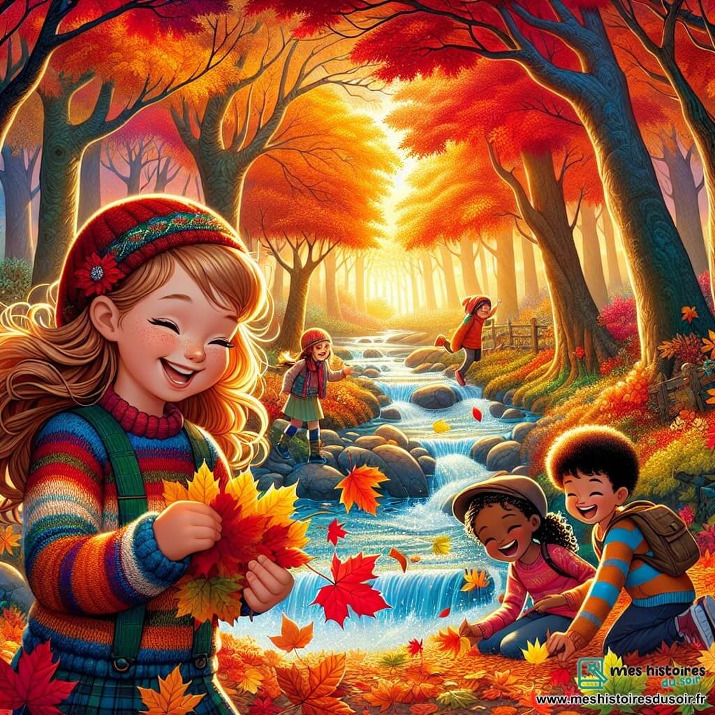 Illustration destinée aux enfants représentant une forêt enchantée en automne, où les arbres majestueux se dressent, leurs feuilles flamboyantes dans des teintes de rouge, d'orange et de jaune, tandis qu'un ruisseau scintille sous la lumière dorée du soleil couchant. Au centre de la scène, une fille de 11 ans aux cheveux châtain clair, portant un pull en laine coloré et un sourire radieux, ramasse des feuilles aux formes variées, émerveillée par leur beauté. À ses côtés, deux amis, une fille aux cheveux bruns et une casquette, et un garçon aux cheveux blonds, tous deux riant et tenant des feuilles dans leurs mains, créent une atmosphère joyeuse. L'ambiance est remplie de couleurs vives, de sons de la nature, et des éclats de rire, capturant l'esprit magique de l'automne et l'émerveillement de l'enfance.