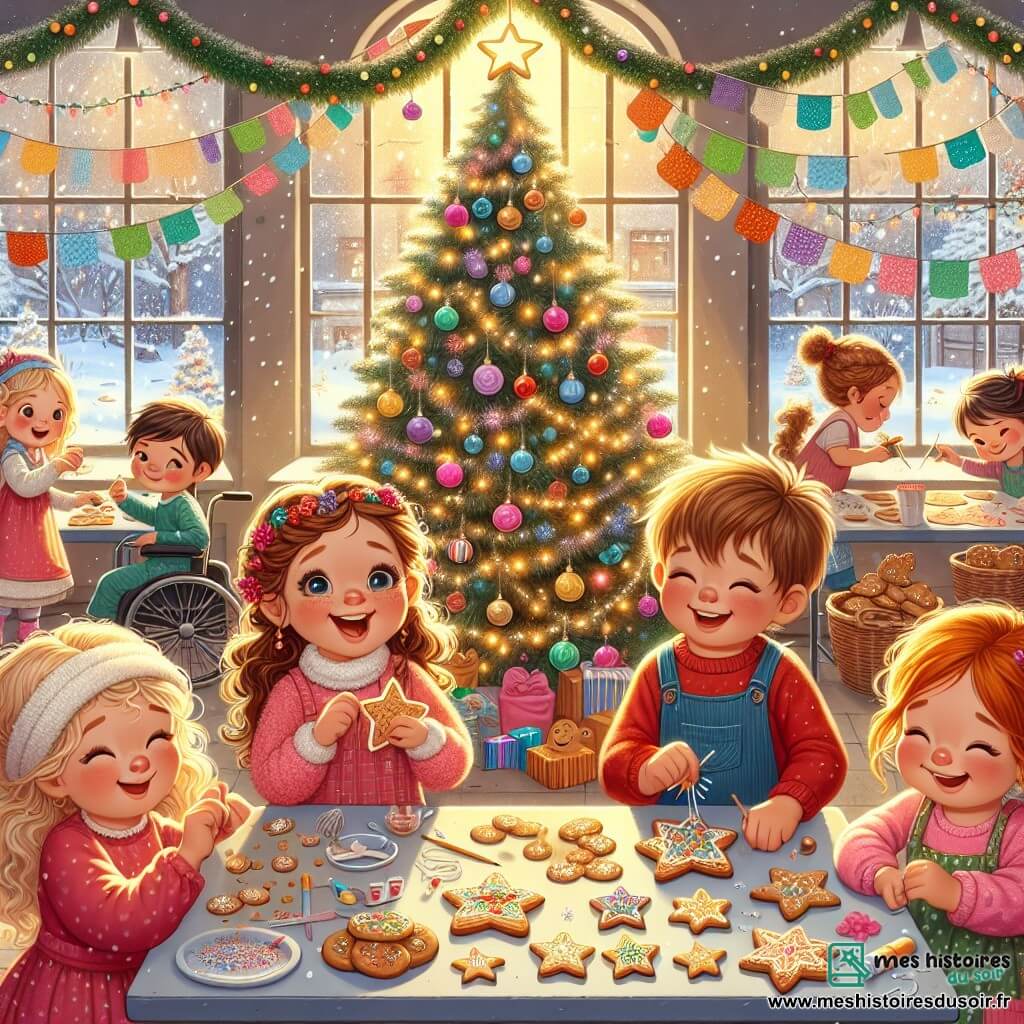 Illustration destinée aux enfants représentant un orphelinat chaleureux décoré pour Noël, avec un grand sapin scintillant au centre, entouré de guirlandes colorées et de flocons de neige qui tombent doucement à l'extérieur. Un groupe d'enfants de cinq ans, composé de deux filles aux cheveux bouclés et blonds, une fille avec une jolie tresse brune et un garçon aux cheveux châtains, s'affairent joyeusement à décorer des biscuits en forme d'étoiles et de sapins, leurs visages illuminés par l'excitation et la magie de Noël. En arrière-plan, d'autres enfants, dont une fille en fauteuil roulant avec un sourire radieux, accrochent des décorations en papier coloré aux murs, créant une atmosphère festive et chaleureuse. Des assiettes de biscuits et des cartes de vœux faites main sont éparpillées sur la table, ajoutant une touche de créativité et de joie à cette scène de camaraderie et de partage.