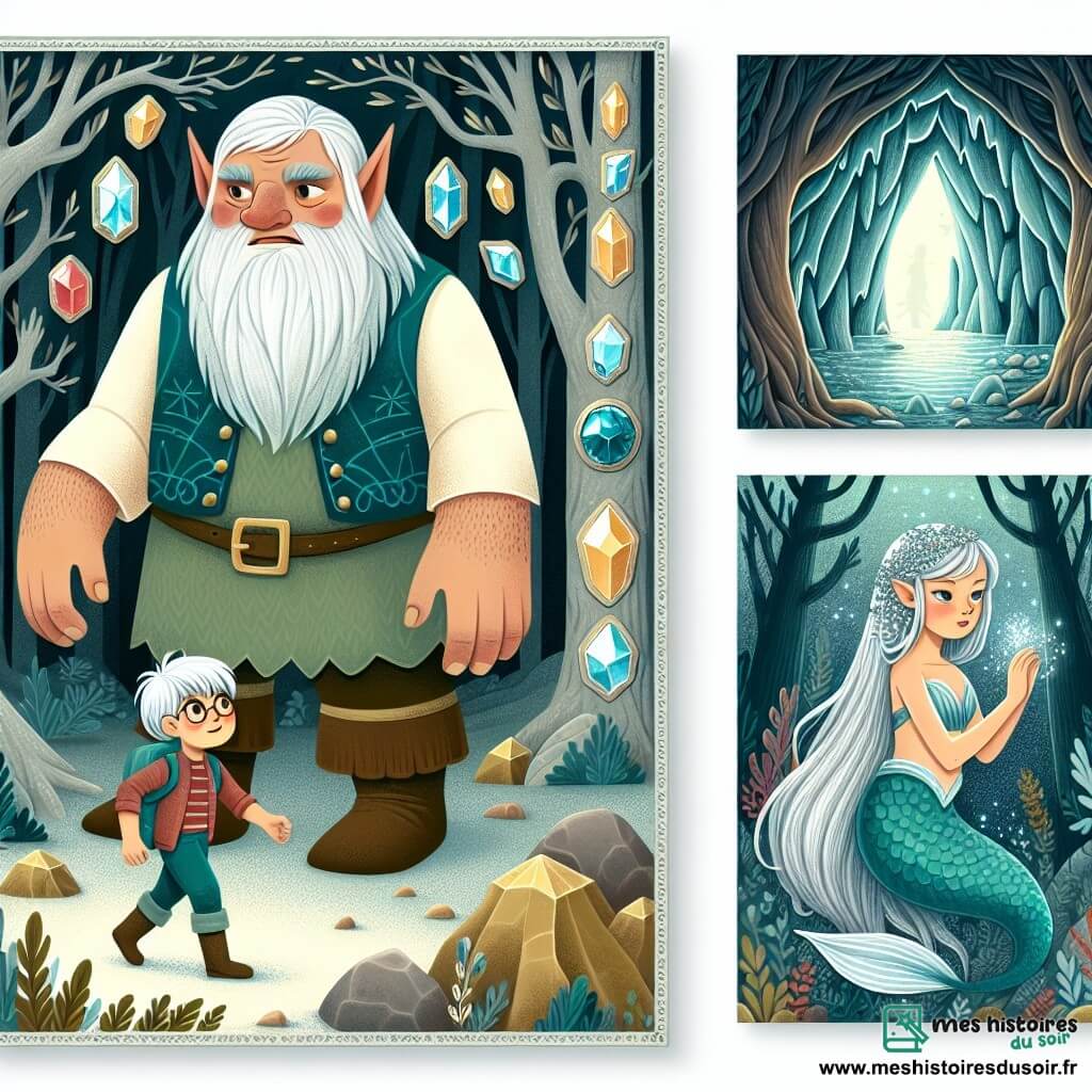 Une illustration destinée aux enfants représentant un ogre imposant et bienveillant, un garçon courageux en quête d'aventure, une grotte scintillante aux murs ornés de pierres précieuses, et une sirène délicate aux cheveux d'argent, dans la mystérieuse Forêt Enchantée.