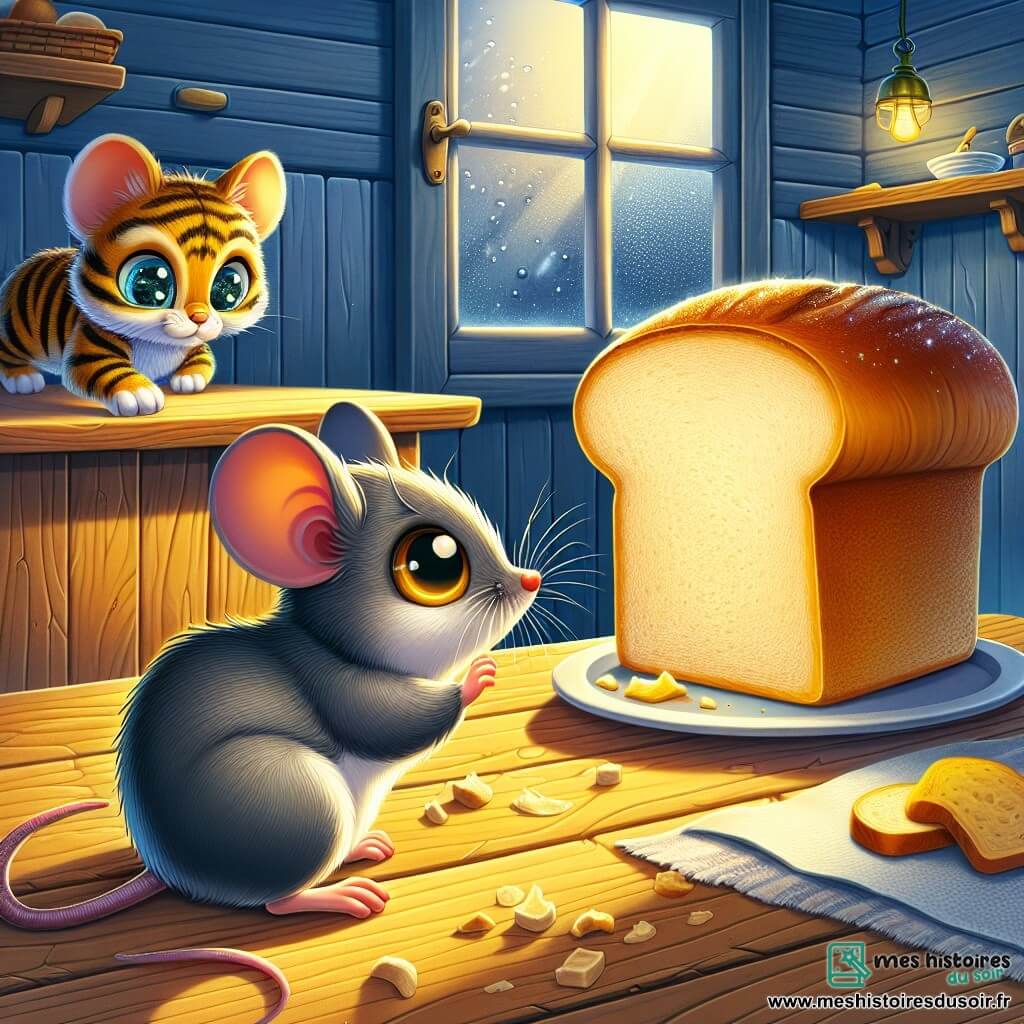 Illustration d'une petite cuisine chaleureuse avec des murs en bois clair et un sol carrelé. Sur la table, une mie de pain dorée brille sous la lumière du soleil filtrant par la fenêtre. Au centre, une petite souris grise aux grands yeux brillants et aux oreilles rondes se tient sur ses pattes arrière, regardant la mie de pain avec curiosité et appétit. À l'arrière-plan, un chaton aux poils tigrés et aux yeux verts pétillants se faufile discrètement, prêt à bondir. La souris, bien que terrifiée, est déterminée à atteindre la nourriture, tandis que le chaton ajoute une tension à la scène. Des miettes de pain éparpillées et l'ombre du chaton renforcent l'atmosphère d'aventure et de suspense.