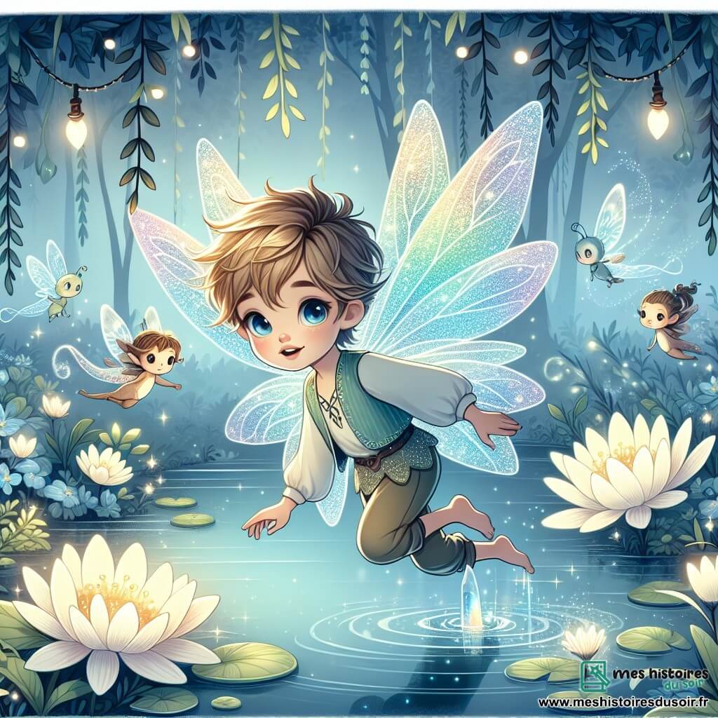 Une illustration sous forme de dessin destinée aux enfants représentant un marais enchanté, baigné d'une lumière douce et brumeuse, où une petite fée aux ailes translucides et scintillantes, avec des cheveux dorés et des yeux d'un bleu profond, vole gracieusement au-dessus d'un étang, tandis qu'un jeune garçon aux cheveux ébouriffés et aux yeux pétillants observe avec émerveillement, entouré de fleurs luminescentes et de créatures magiques dansant autour d'eux, capturant l'instant où ils découvrent ensemble le cristal de la lune, symbole d'espoir et de magie.