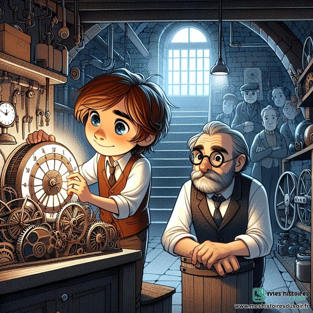 Une illustration sous forme de dessin destinée aux enfants représentant un sous-sol rempli d'objets d'invention, avec un garçon de 12 ans aux cheveux châtains et aux yeux pétillants, penché avec curiosité sur une grande machine en forme d'horloge, tandis qu'un homme adulte aux lunettes rondes et à la barbe grisonnante, son père, observe avec un mélange d'inquiétude et d'excitation, le tout baigné dans une lumière douce et mystérieuse qui évoque le voyage dans le temps.