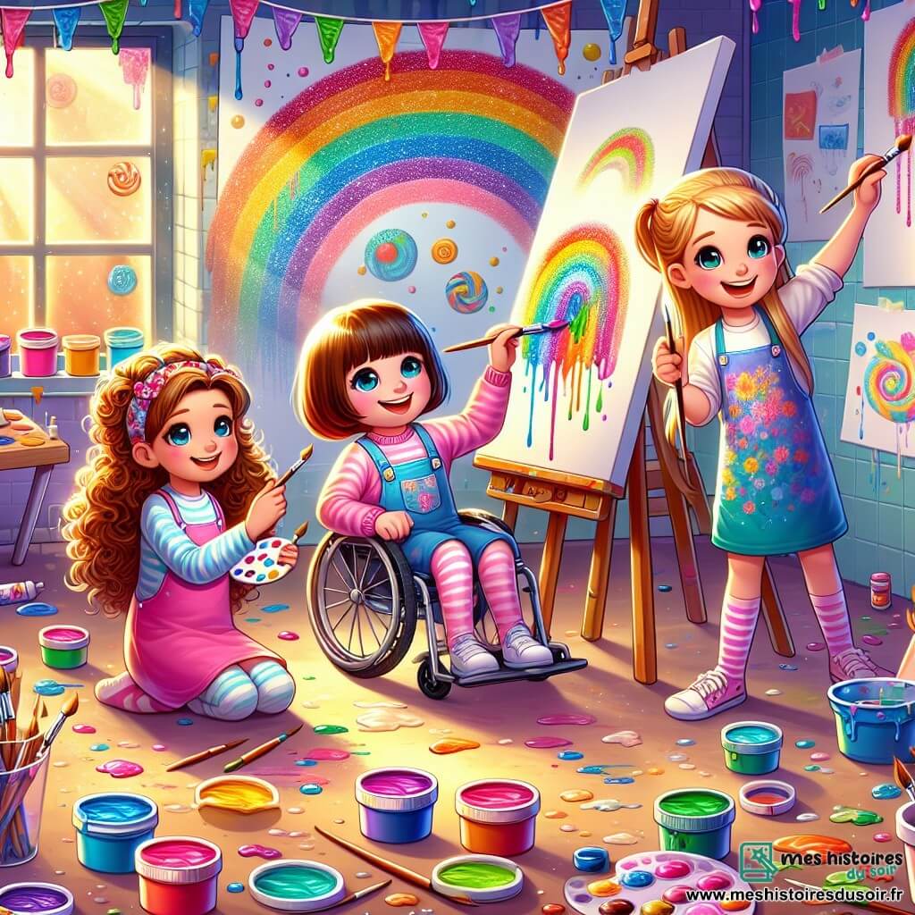 Illustration d'une salle d’art colorée, remplie de pots de peinture éclatants et de pinceaux éparpillés. Les murs sont ornés de peintures vibrantes, et une grande toile blanche est prête à être remplie de couleurs. Trois jeunes filles d’environ 10 ans occupent le centre de la scène. La première, aux cheveux bouclés et aux yeux brillants, sourit en tenant un pinceau. La deuxième, dans un fauteuil roulant, sourit largement et regarde ses amies avec enthousiasme. La troisième, aux cheveux raides en queue de cheval, est penchée sur la toile, concentrée. Elles peignent un arc-en-ciel coloré, leurs visages rayonnants de joie. Des bonbons colorés brillent sous la toile, ajoutant de la magie. Des éclaboussures de peinture ornent le sol, et une lumière douce filtre par la fenêtre, créant une ambiance chaleureuse.