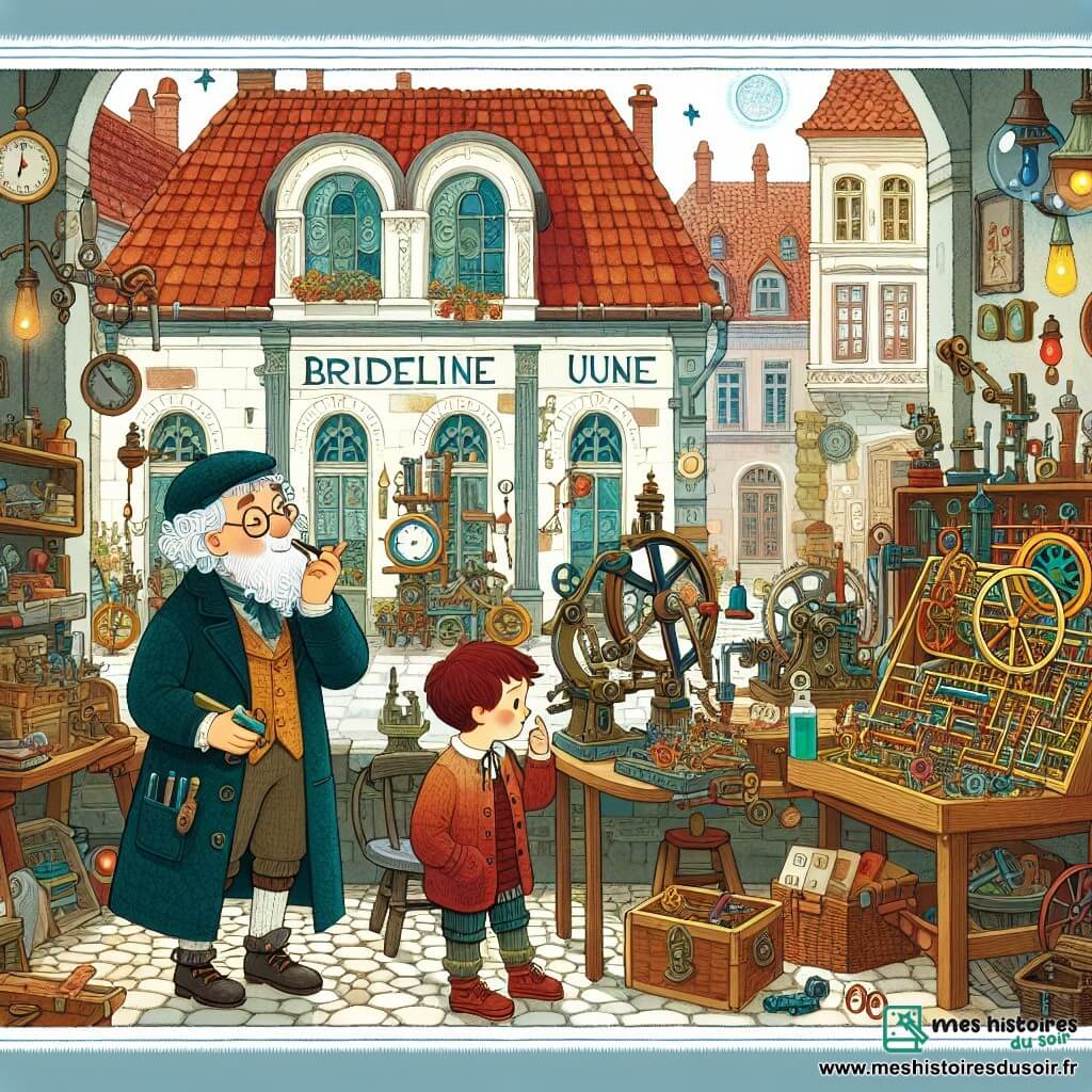Une illustration destinée aux enfants représentant un inventeur excentrique et plein d'idées, accompagné d'un jeune garçon curieux, travaillant dans un atelier rempli de machines colorées et d'objets mystérieux, situé dans la charmante ville de Brindelune aux toits en tuiles rouges et aux ruelles pavées.