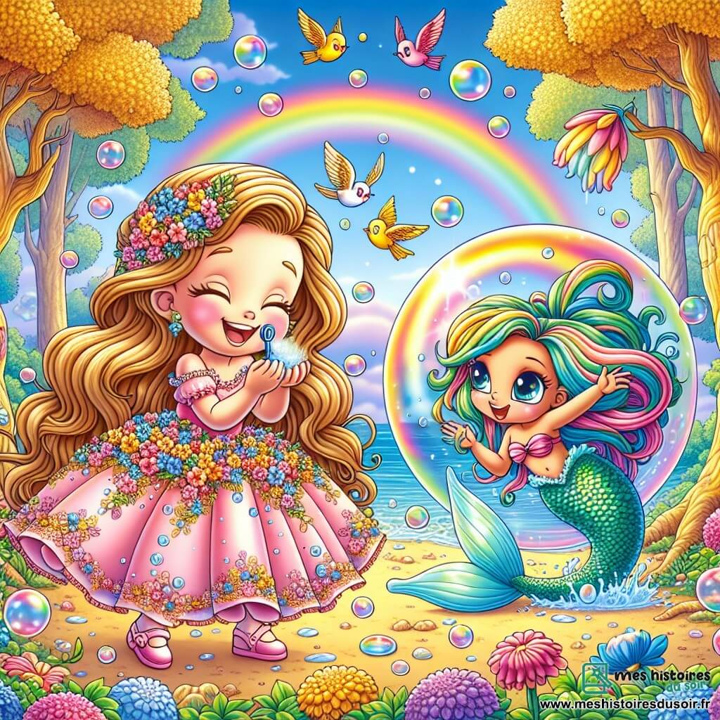 Illustration d'une forêt enchantée avec des arbres aux troncs dorés et des feuilles multicolores scintillant au soleil. Au centre, une princesse aux longs cheveux ondulés, portant une robe rose ornée de fleurs, rit en soufflant dans un coquillage pour faire des bulles de savon. À ses côtés, une petite sirène aux écailles brillantes et à la queue turquoise éclabousse la princesse en riant. Une bulle géante flotte dans les airs, prête à emporter la sirène, tandis que des oiseaux colorés volent autour d'elles, ajoutant de la magie à l'atmosphère joyeuse. Des fleurs vives tapissent le sol et un arc-en-ciel apparaît dans le ciel bleu, créant une ambiance féerique et ludique.