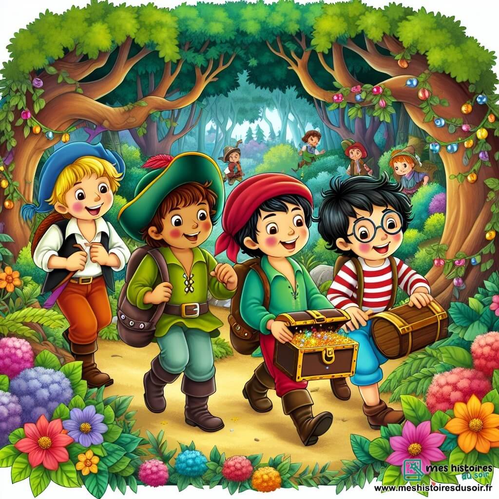 Une illustration destinée aux enfants représentant un garçon espiègle, accompagné de ses amis, découvrant un trésor caché dans une forêt enchantée, avec des arbres aux feuilles multicolores et des fleurs éclatantes.