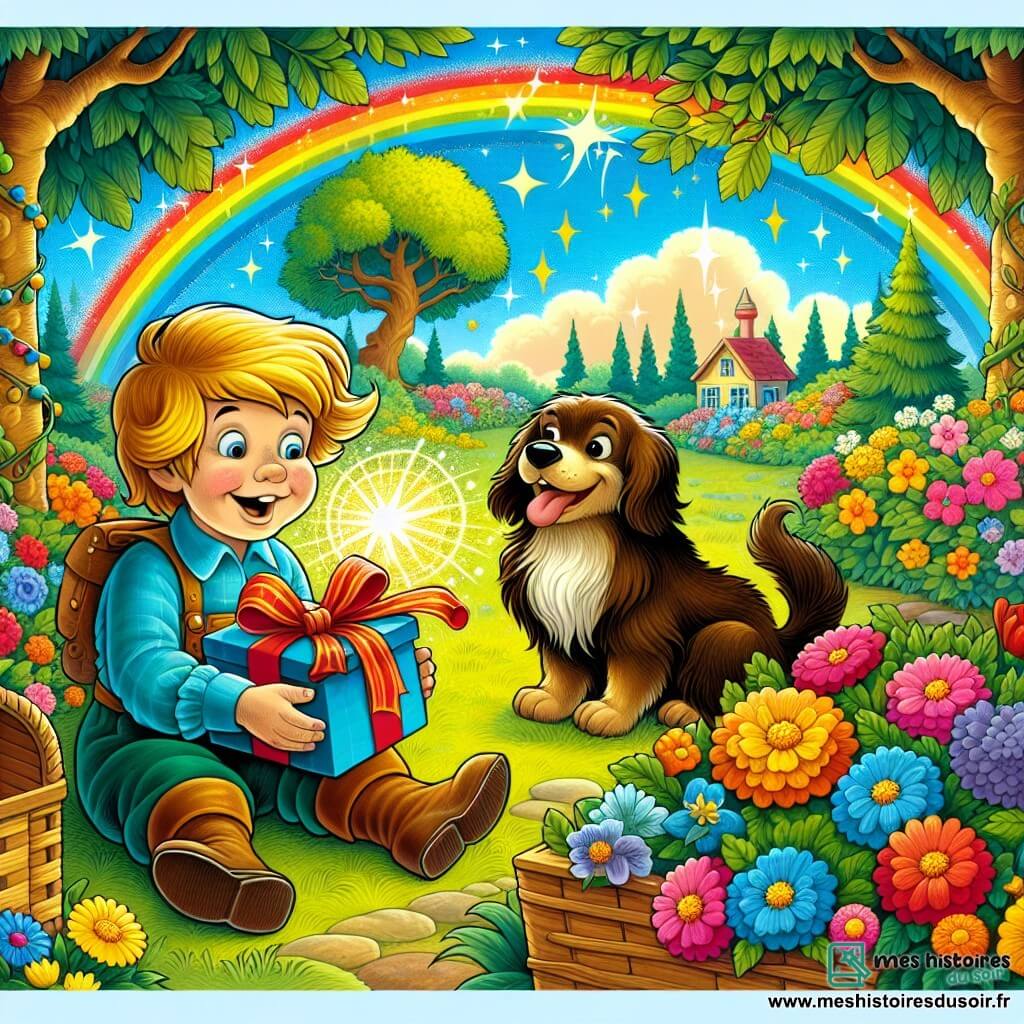 Une illustration destinée aux enfants représentant un garçon plein d'énergie et d'imagination préparant en secret un cadeau magique pour la fête des pères, avec l'aide précieuse de son fidèle compagnon, un chien joyeux, dans un jardin ensoleillé aux fleurs multicolores et aux arbres majestueux.