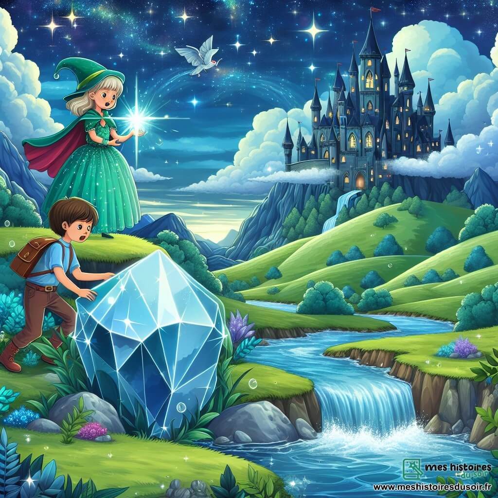 Une illustration destinée aux enfants représentant un garçon courageux découvrant une pierre magique brillante, accompagné d'une jeune fille magicienne portant une robe scintillante, dans un royaume fantastique rempli de collines verdoyantes, de rivières scintillantes et d'un château majestueux se dressant fièrement sous un ciel étoilé.
