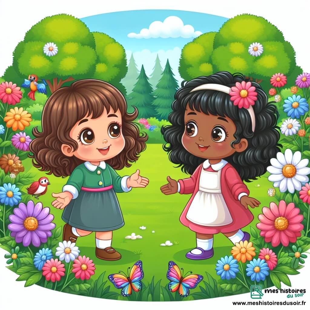 Une illustration destinée aux enfants représentant une fillette aux boucles brunes faisant la connaissance d'une petite fille aux cheveux noirs et aux yeux pétillants, dans un parc verdoyant bordé de fleurs multicolores.