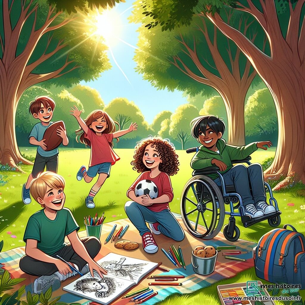 Illustration destinée aux enfants représentant un parc ensoleillé, rempli d'arbres majestueux aux feuilles vertes vibrantes, où des enfants jouent joyeusement sur l'herbe fraîche. Au premier plan, un groupe de quatre enfants de 11 ans : un garçon aux cheveux châtain clair, souriant et tenant un ballon de football, une fille aux cheveux bouclés et bruns, riant en tenant un carnet de dessin, un garçon aux cheveux noirs et courts, concentré sur un dessin qu'il réalise, et un garçon en fauteuil roulant, avec un grand sourire, observant ses amis avec enthousiasme. Ils sont tous réunis autour d'une grande couverture, partageant des rires et des idées, illustrant l'équilibre entre le monde numérique et les aventures réelles, avec des crayons colorés éparpillés autour d'eux et des biscuits faits maison sur la couverture.