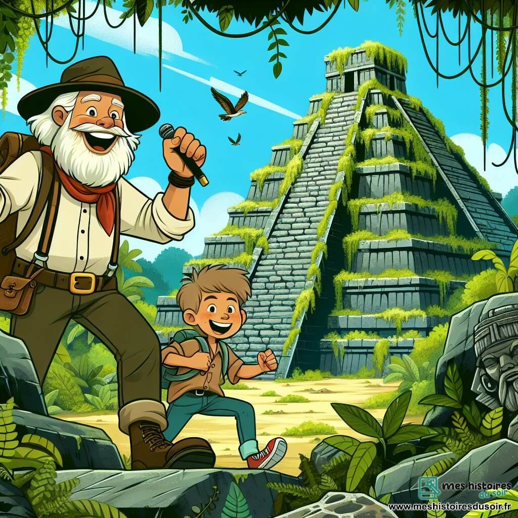 Une illustration destinée aux enfants représentant un archéologue barbu passionné, accompagné d'un jeune garçon intrépide, explorant les ruines majestueuses d'une pyramide perdue recouverte de lianes et de mousse, située au cœur de la jungle amazonienne.