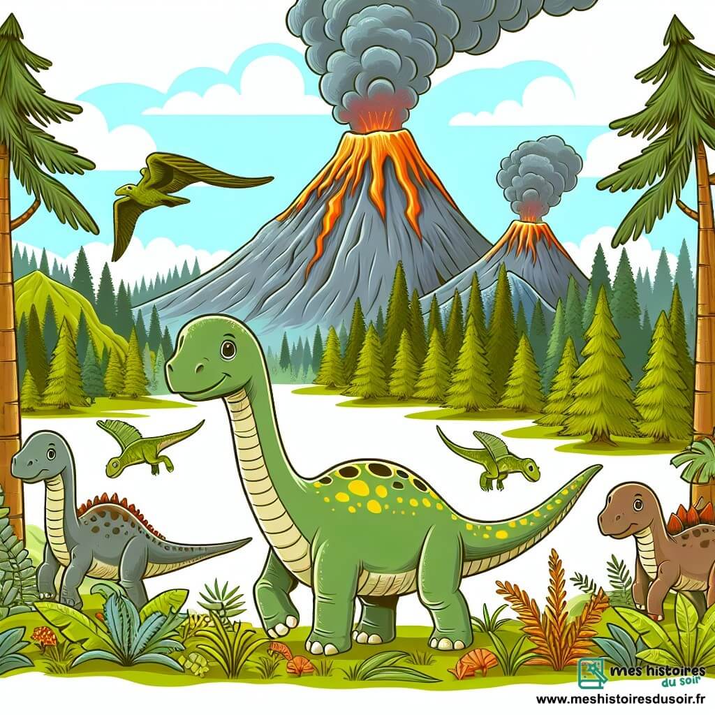 Une illustration destinée aux enfants représentant un jeune diplodocus curieux, accompagné de ses amis dinosaures, escaladant une montagne des volcans dans une forêt préhistorique luxuriante.