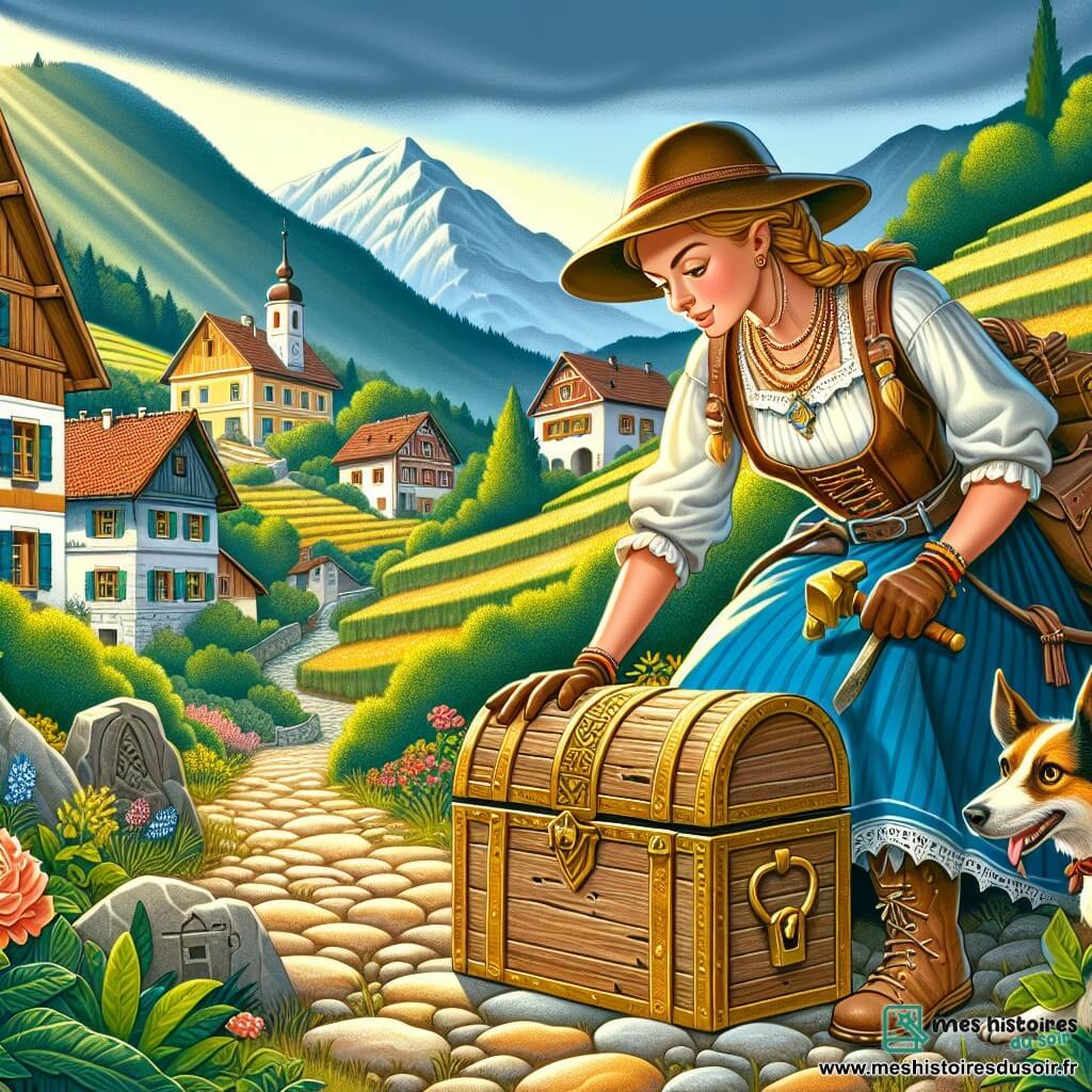 Une illustration destinée aux enfants représentant une archéologue passionnée découvrant un coffre mystérieux avec l'aide de son fidèle chien dans un village pittoresque entouré de collines verdoyantes.