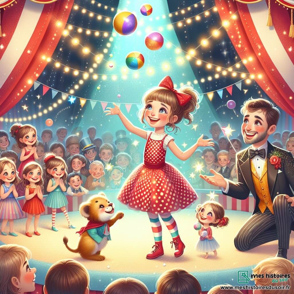 Une illustration sous forme de dessin destinée aux enfants représentant un chapiteau de cirque coloré, avec des rayures rouges et blanches, rempli de lumières scintillantes et de spectateurs émerveillés ; une fille de 11 ans aux cheveux blonds en bataille, portant une robe à pois et un nœud rouge, jonglant joyeusement avec des balles colorées au centre de la scène, entourée d'un homme en costume brillant avec un chapeau haut de forme, qui l'encourage avec un sourire fier, tandis qu'un petit lionceau curieux s'approche d'elle, ajoutant une touche de magie et d'aventure à cette scène festive.