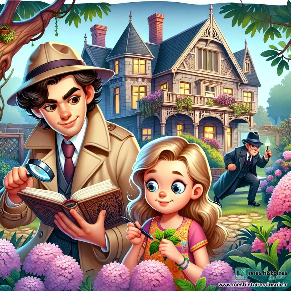 Une illustration sous forme de dessin destinée aux enfants représentant une maison ancienne et majestueuse, entourée d'un jardin fleuri, où une détective intrépide, une femme aux cheveux bruns et bouclés, vêtue d'un trench-coat beige et d'un chapeau de détective, examine un carnet avec une loupe, tandis qu'une petite fille aux cheveux blonds, portant une robe colorée, l'observe avec des yeux écarquillés, alors qu'un mystérieux homme au chapeau noir s'éloigne furtivement dans l'ombre du jardin, créant une atmosphère de suspense et d'aventure.