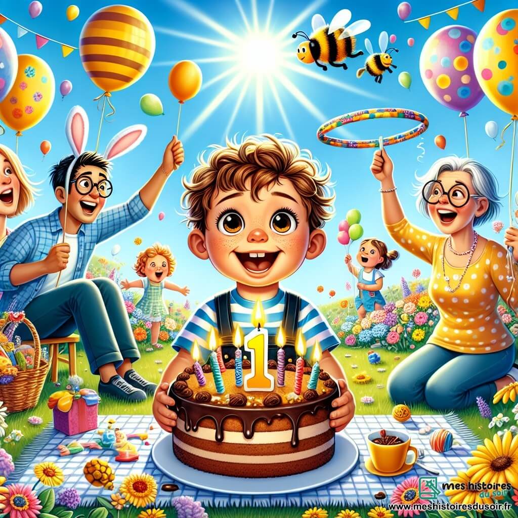 Illustration d'une fête d'anniversaire joyeuse dans un jardin ensoleillé, rempli de fleurs colorées et de ballons. Au centre, un petit garçon d'environ un an, avec des cheveux bouclés et des yeux pétillants, est assis sur une couverture à carreaux, souriant avec un gâteau au chocolat décoré de bougies allumées, prêt à souffler. Autour de lui, une femme d'une cinquantaine d'années avec des cheveux gris et des lunettes sourit en tenant des ballons, et un homme d'une trentaine d'années avec des oreilles de lapin montre un cerceau en riant. La scène montre le garçon entouré de ses amis chantant "Joyeux anniversaire", tandis qu'une abeille dorée crée des bulles multicolores dans un ciel bleu et dégagé, ajoutant à l'atmosphère festive de cette journée spéciale.