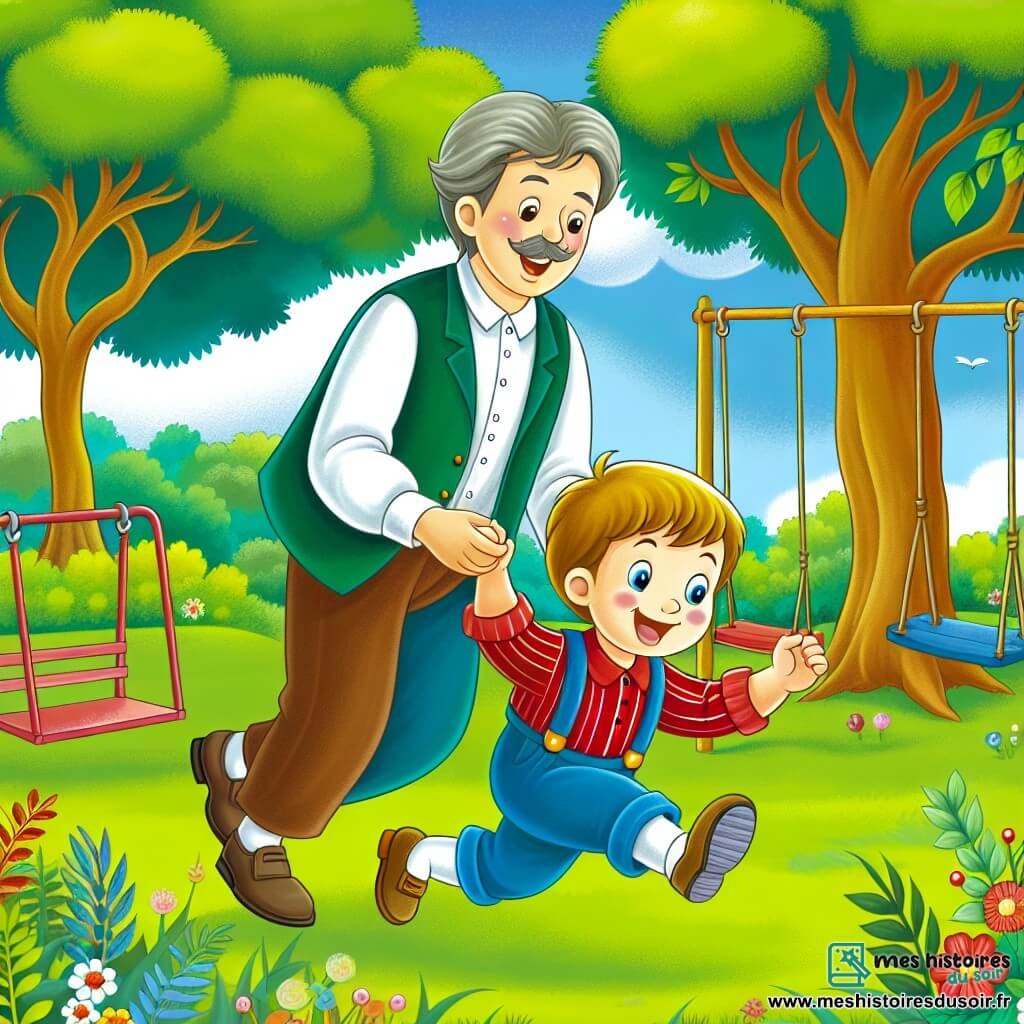 Une illustration destinée aux enfants représentant un petit garçon plein d'énergie et de malice, jouant avec son copain plus âgé dans un parc verdoyant parsemé de balançoires colorées et d'arbres majestueux.