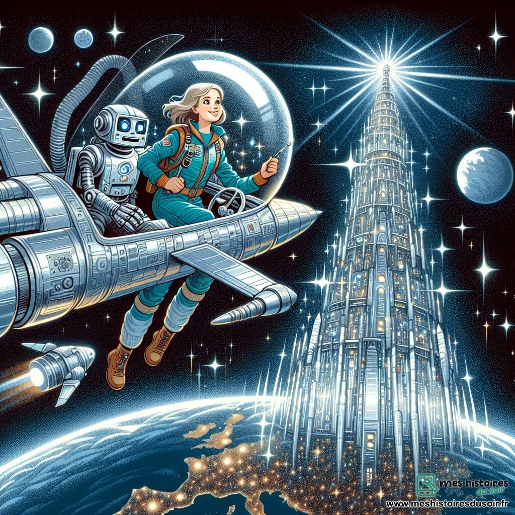 Une illustration destinée aux enfants représentant une jeune femme pilote intrépide naviguant à travers l'espace infini, accompagnée d'un robot assistant fidèle, à bord d'un vaisseau spatial futuriste, la Tour Cosmique, une structure gigantesque aux reflets argentés et aux lumières scintillantes, trônant majestueusement sur la planète Terre.