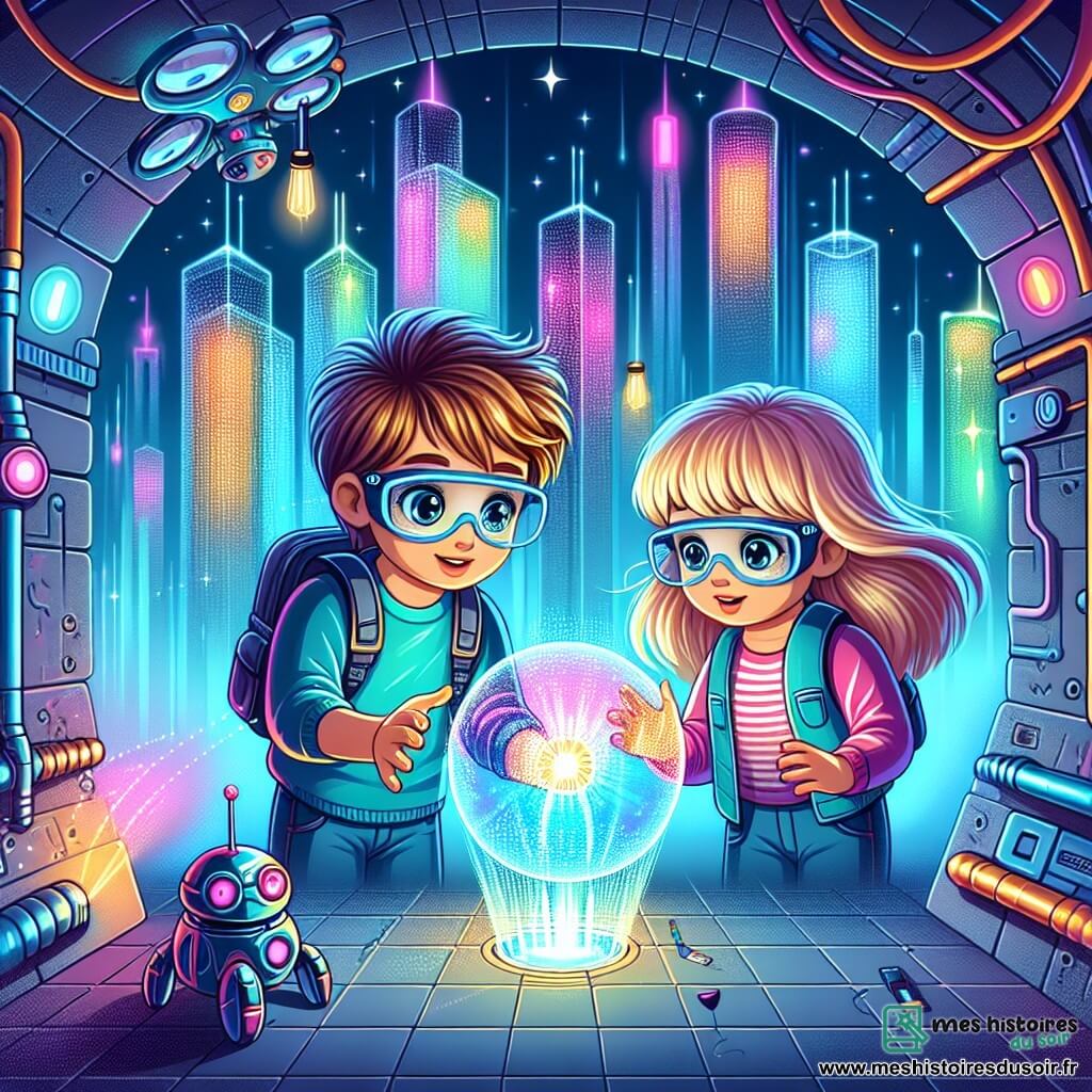 Une illustration sous forme de dessin destinée aux enfants représentant une métropole futuriste éclatante, avec des gratte-ciels en verre holographique illuminés par des néons multicolores, où un garçon de 11 ans aux cheveux ébouriffés et aux yeux pétillants de curiosité, tenant un petit drone à ses côtés, explore un tunnel mystérieux avec une fille de son âge aux lunettes futuristes, tous deux fascinés par une sphère flottante émettant une lumière vibrante, symbolisant leur quête pour découvrir une source d'énergie cachée et précieuse.