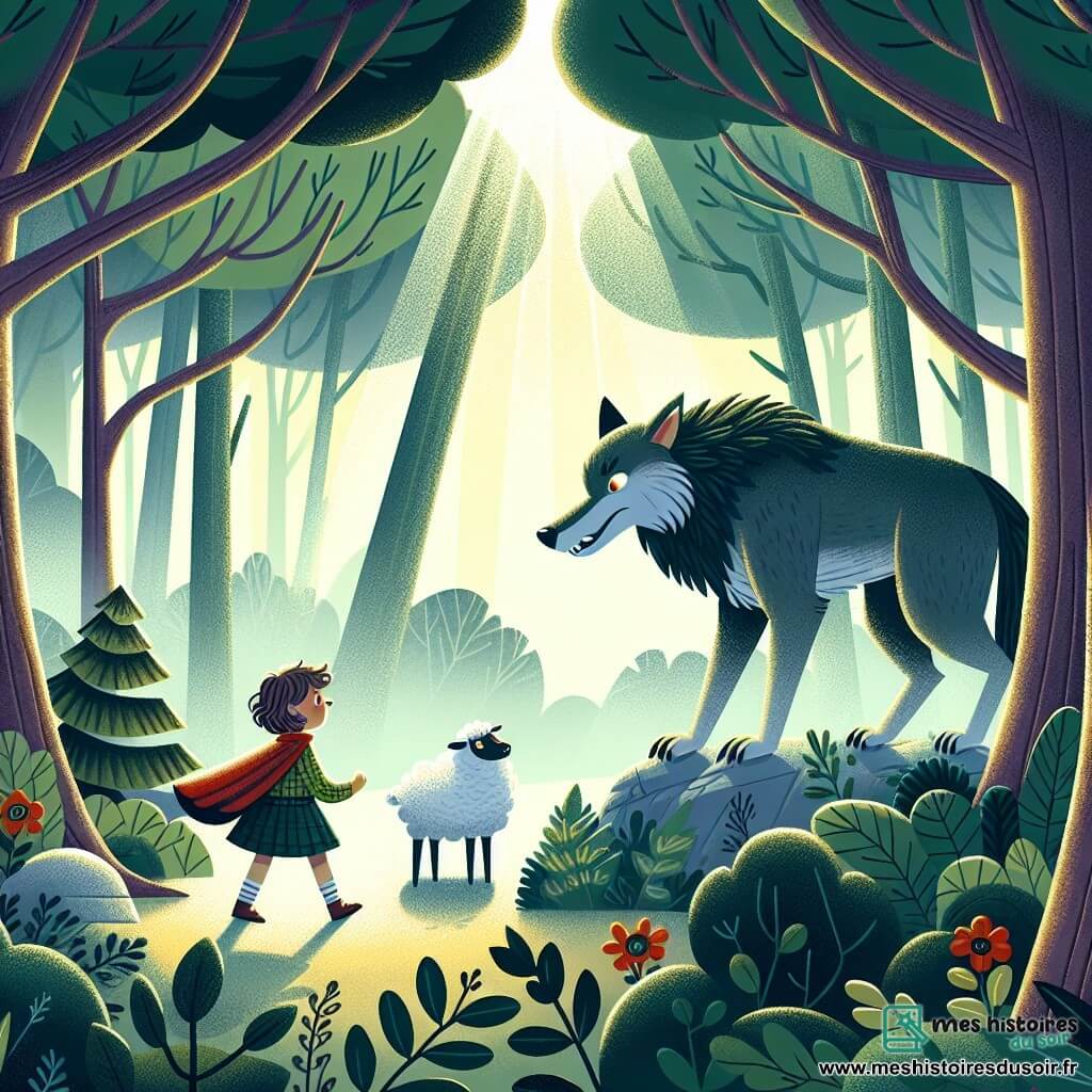 Une illustration destinée aux enfants représentant une jeune fille courageuse affrontant un grand méchant loup dans une mystérieuse forêt, accompagnée d'une brebis égarée, entourée d'arbres majestueux et de rayons de soleil filtrant à travers les feuillages.