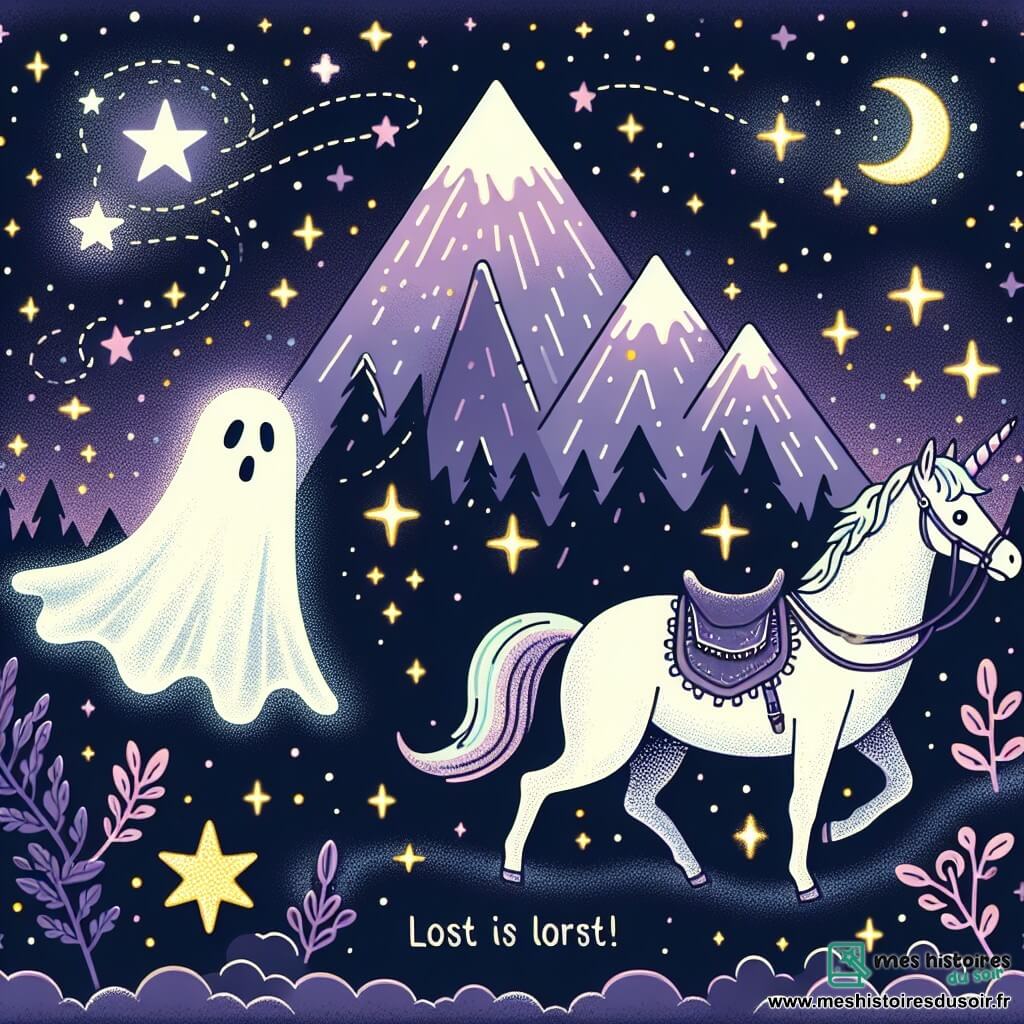 Une illustration destinée aux enfants représentant un fantôme lumineux perdu, accompagné d'une licorne majestueuse, explorant la Montagne des Étoiles scintillante et féerique.
