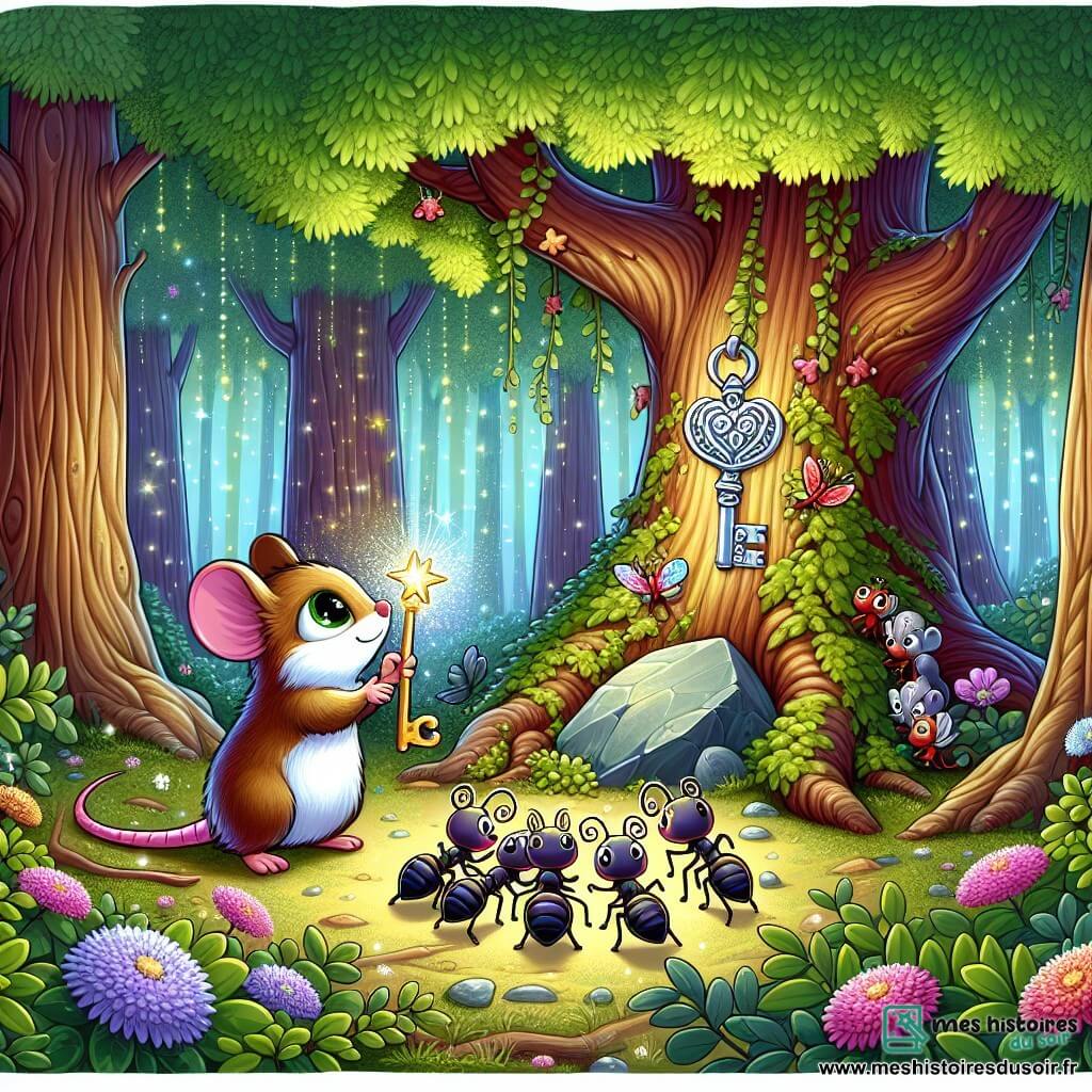 Une illustration sous forme de dessin destinée aux enfants représentant une forêt enchantée avec de grands arbres aux feuilles vertes éclatantes et des fleurs colorées, où une petite souris aux yeux pétillants et aux oreilles délicates, pleine de détermination, se tient au centre, tenant une clé magique scintillante, tandis qu'un groupe de fourmis travaille ensemble pour pousser une pierre, et un écureuil curieux les observe avec un sourire amical, illustrant ainsi l'esprit d'entraide et d'aventure de cette histoire.