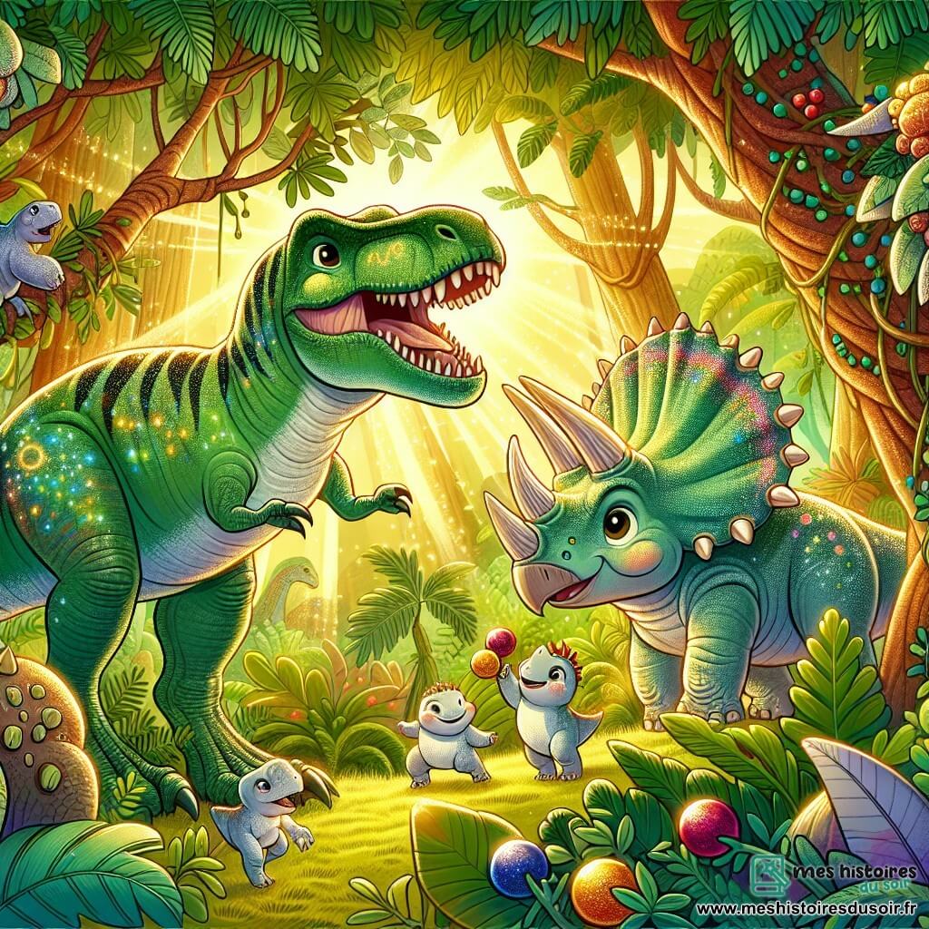 Une illustration sous forme de dessin destinée aux enfants représentant une jungle luxuriante, avec un tyrannosaure Rex aux écailles vertes et iridescentes, debout sur ses pattes arrière, souriant et parlant à un tricératops jovial aux cornes majestueuses, tandis qu'autour d'eux, de petits dinosaures compsognathus s'amusent à jongler avec des baies colorées, le tout baigné dans une lumière dorée filtrée par les feuilles des arbres, symbolisant l'amitié et la découverte dans un monde préhistorique magique.