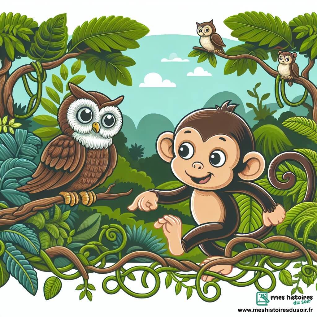 Une illustration destinée aux enfants représentant une guenon espiègle et curieuse, accompagnée d'un sage hibou, dans une luxuriante forêt tropicale aux arbres touffus et aux lianes entrelacées.