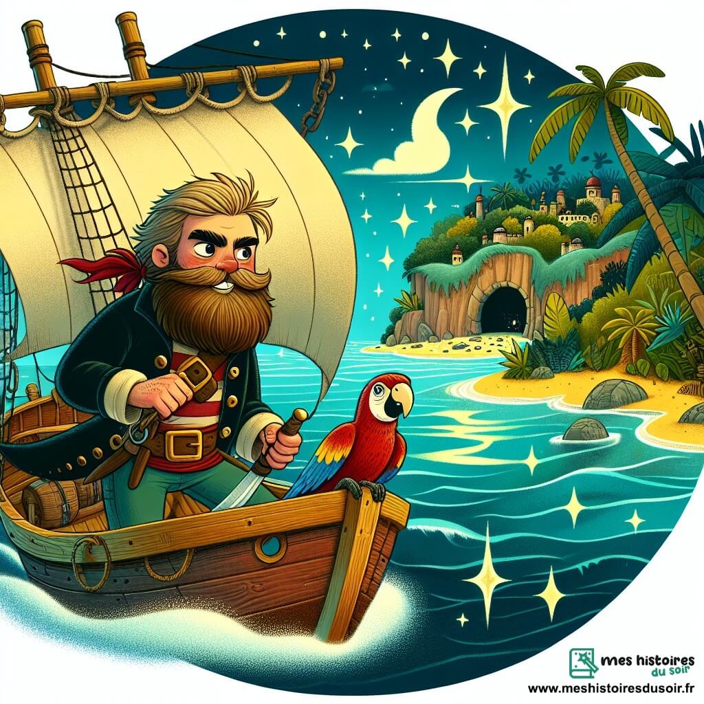 Une illustration destinée aux enfants représentant un homme courageux et barbu, un pirate intrépide, naviguant sur un bateau en bois nommé "Le Joyeux Coquin", à la recherche d'un trésor perdu depuis des siècles, accompagné d'un perroquet parlant nommé Coco, sur une île mystérieuse avec une jungle dense, des rivières étincelantes et une immense grotte remplie d'énigmes et de pièges.
