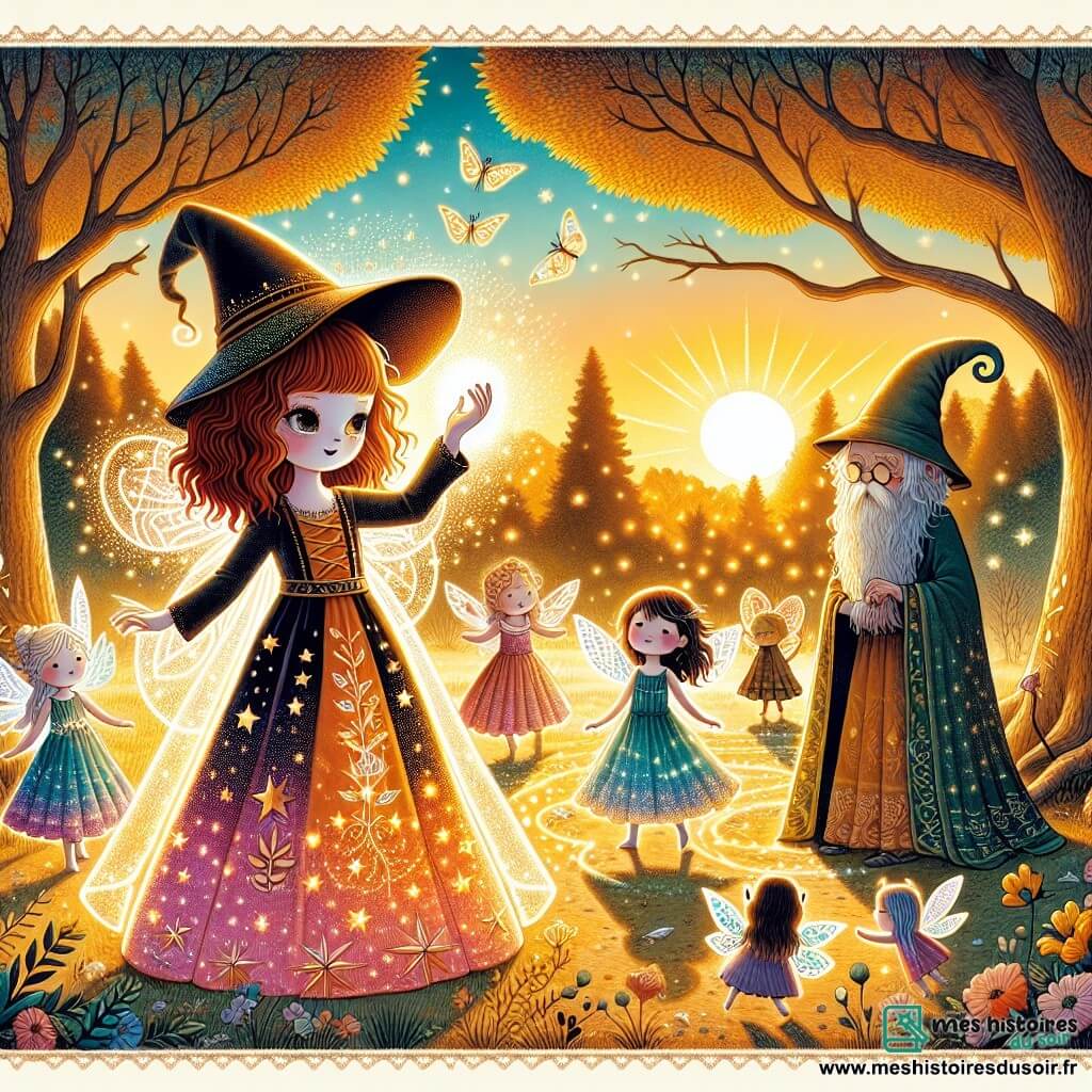 Une illustration sous forme de dessin destinée aux enfants représentant une clairière enchantée baignée par la lumière dorée du soleil couchant, où une jeune apprentie sorcière aux cheveux châtains et aux yeux pétillants, vêtue d'une robe colorée ornée de motifs étoilés, se tient au centre, les bras levés en lançant un sort lumineux, entourée de petites fées aux ailes scintillantes qui dansent joyeusement autour d'elle, tandis qu'un vieux sage à la barbe argentée, vêtu d'une robe longue, observe avec un sourire bienveillant, tous unis dans un moment de magie et d'apprentissage, alors qu'une ombre menaçante se profile à l'horizon, suggérant l'arrivée d'un sorcier maléfique.