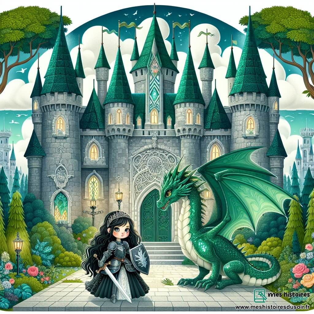 Une illustration sous forme de dessin destinée aux enfants représentant un château majestueux aux murs de pierre verte, entouré de jardins fleuris et de forêts enchantées, avec une jeune chevaleresse aux longs cheveux noirs et aux yeux brillants, brandissant fièrement son épée, tandis qu'un dragon aux écailles vertes scintillantes, au regard à la fois redoutable et curieux, se tient à ses côtés, le tout dans une atmosphère de courage et de rédemption, symbolisant l'union improbable entre la bravoure et la compréhension.