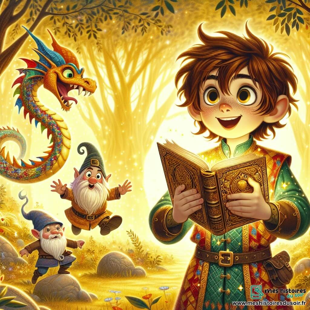 Une illustration sous forme de dessin destinée aux enfants représentant une clairière enchantée baignée de lumière dorée, où un garçon de 11 ans aux cheveux châtains en bataille et aux yeux pétillants, vêtu d'une tunique colorée, se tient avec un livre ancien aux pages scintillantes dans les mains, entouré d'un gnome joyeux à la barbe tressée et au chapeau pointu, sautillant d'excitation, tandis qu'un dragon miniature aux écailles brillantes et au sourire malicieux effectue des loopings dans les airs, le tout évoquant une quête magique pour retrouver un livre précieux dans un monde fantastique rempli de rires et d'aventures.