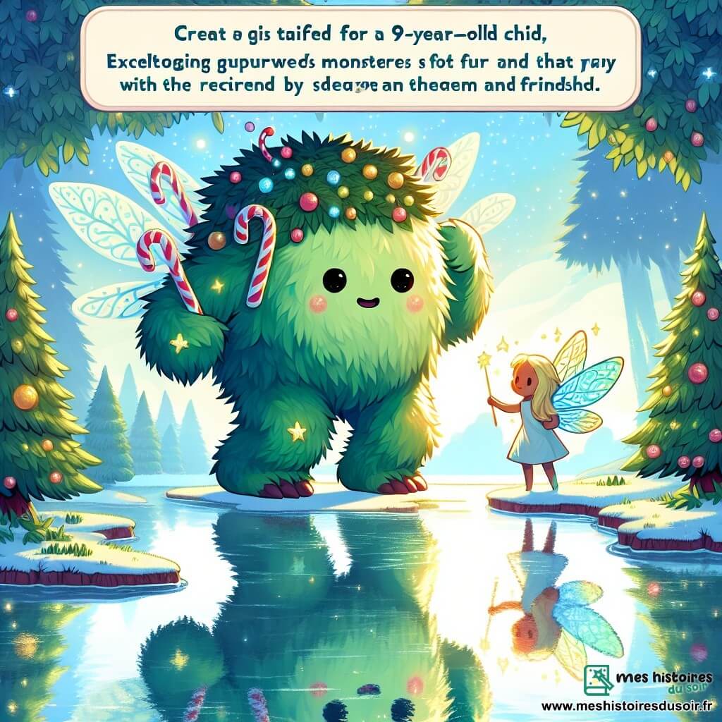 Une illustration sous forme de dessin destinée aux enfants représentant un royaume flottant rempli d'arbres aux feuilles en sucre d'orge et de rivières scintillantes, où un grand monstre à la peau émeraude et aux yeux ronds, avec une fourrure douce, se tient au bord d'un lac miroir, contemplant son reflet avec une expression de détermination, tandis qu'une petite fée aux cheveux dorés et aux ailes délicates, souriante et pétillante, l'encourage à poursuivre son rêve de voler, le tout baigné dans une lumière douce et magique, évoquant l'esprit d'aventure et d'amitié.