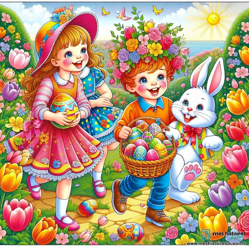 Une illustration sous forme de dessin destinée aux enfants représentant un jardin coloré et fleuri, avec des tulipes et des roses éclatantes, où un groupe de trois enfants de 9 ans, deux filles aux cheveux bruns et blonds, et un garçon aux cheveux châtains, s'amusent à chercher des œufs de Pâques cachés, tandis qu'un grand lapin souriant, portant un chapeau festif, danse joyeusement à côté d'eux, créant une atmosphère magique et joyeuse, remplie de rires et de couleurs vives.
