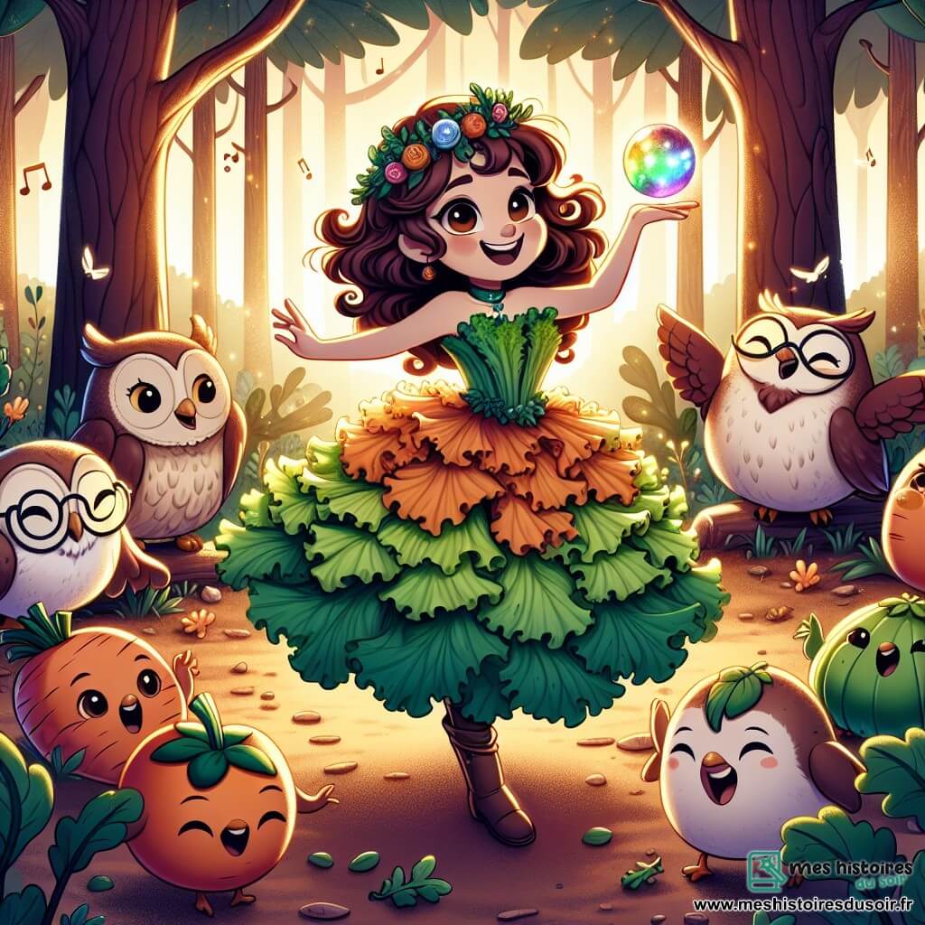 Une illustration sous forme de dessin destinée aux enfants représentant une clairière enchantée, baignée de lumière dorée, où une fille de 12 ans aux cheveux bouclés couleur chocolat, vêtue d'une robe faite de feuilles de laitue, danse joyeusement en tenant une boule de cristal colorée dans sa main, entourée de chouettes aux lunettes rigolotes qui chantent et rient, tandis que des légumes anthropomorphes comme des carottes et des tomates s'amusent autour d'elle, créant une atmosphère festive et magique, pleine de rires et de camaraderie.