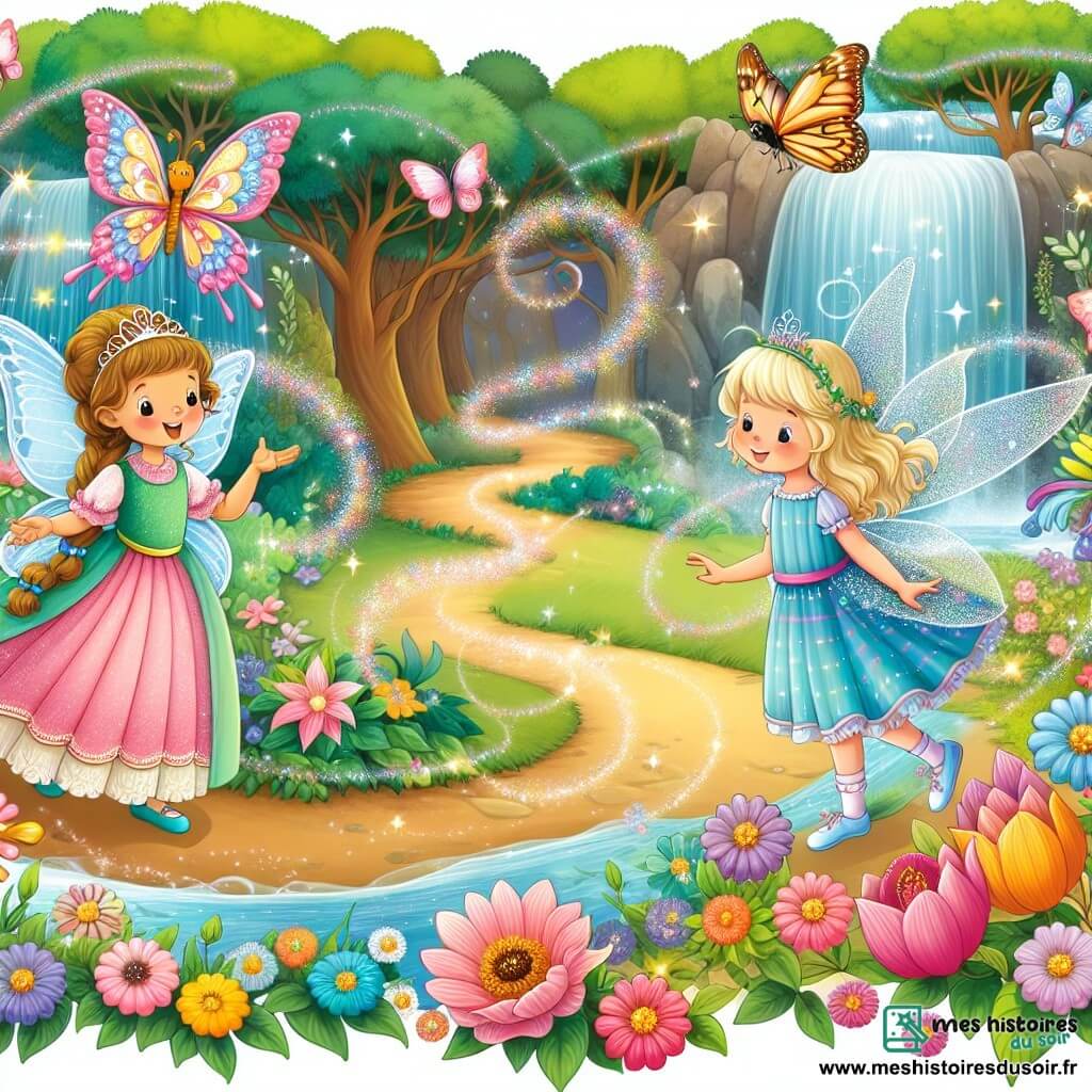 Une illustration destinée aux enfants représentant une princesse courageuse, accompagnée d'une fée étincelante, explorant une forêt enchantée remplie de fleurs colorées, de papillons virevoltants et de cascades scintillantes.