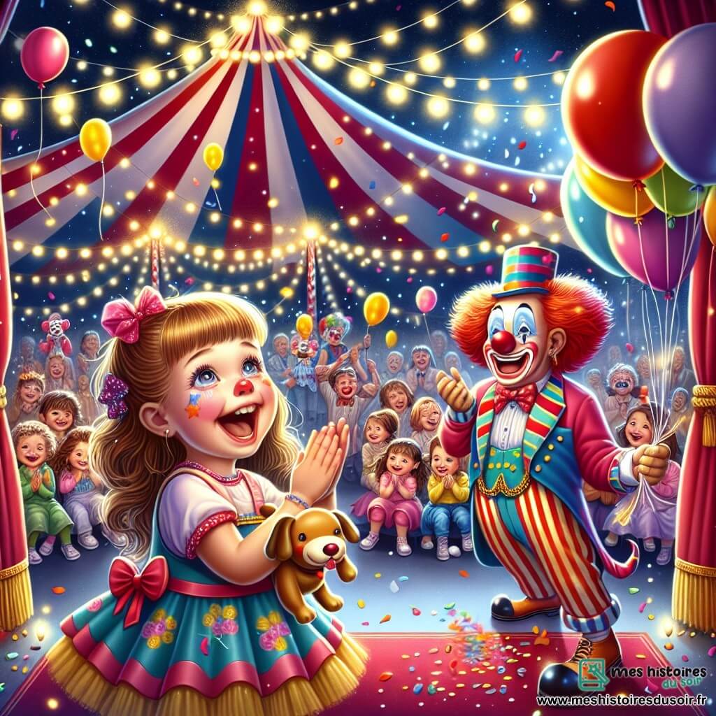 Illustration d'un grand chapiteau de cirque coloré, avec des rayures rouges et blanches, illuminé par des guirlandes scintillantes. À l'intérieur, une ambiance festive avec des ballons et des spectateurs souriants. Au centre, une petite fille de 5 ans, avec de longs cheveux bruns et des yeux pétillants, porte une robe colorée et tient un ballon en forme de chien. Elle rit, émerveillée par le spectacle. À côté, un clown joyeux, d'environ 30 ans, avec un nez rouge et des cheveux ébouriffés, jongle avec des balles multicolores et fait des grimaces. La petite fille applaudit, entourée de rires et de couleurs vives, tandis que des confettis tombent doucement, créant une atmosphère joyeuse et festive.