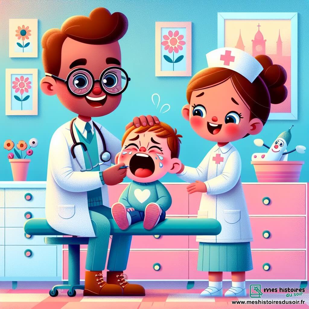 Une illustration sous forme de dessin destinée aux enfants représentant une clinique colorée et accueillante, avec des murs peints en bleu pastel et des décorations de fleurs, où un homme aux lunettes rondes et au grand sourire, portant une blouse blanche, examine un petit garçon aux larmes aux yeux assis sur une table d'examen, tandis qu'une infirmière joyeuse, avec des cheveux châtains et un uniforme rose, fait des grimaces pour le réconforter, le tout dans une atmosphère chaleureuse et bienveillante, illustrant le thème de l'aide et du soin aux enfants.