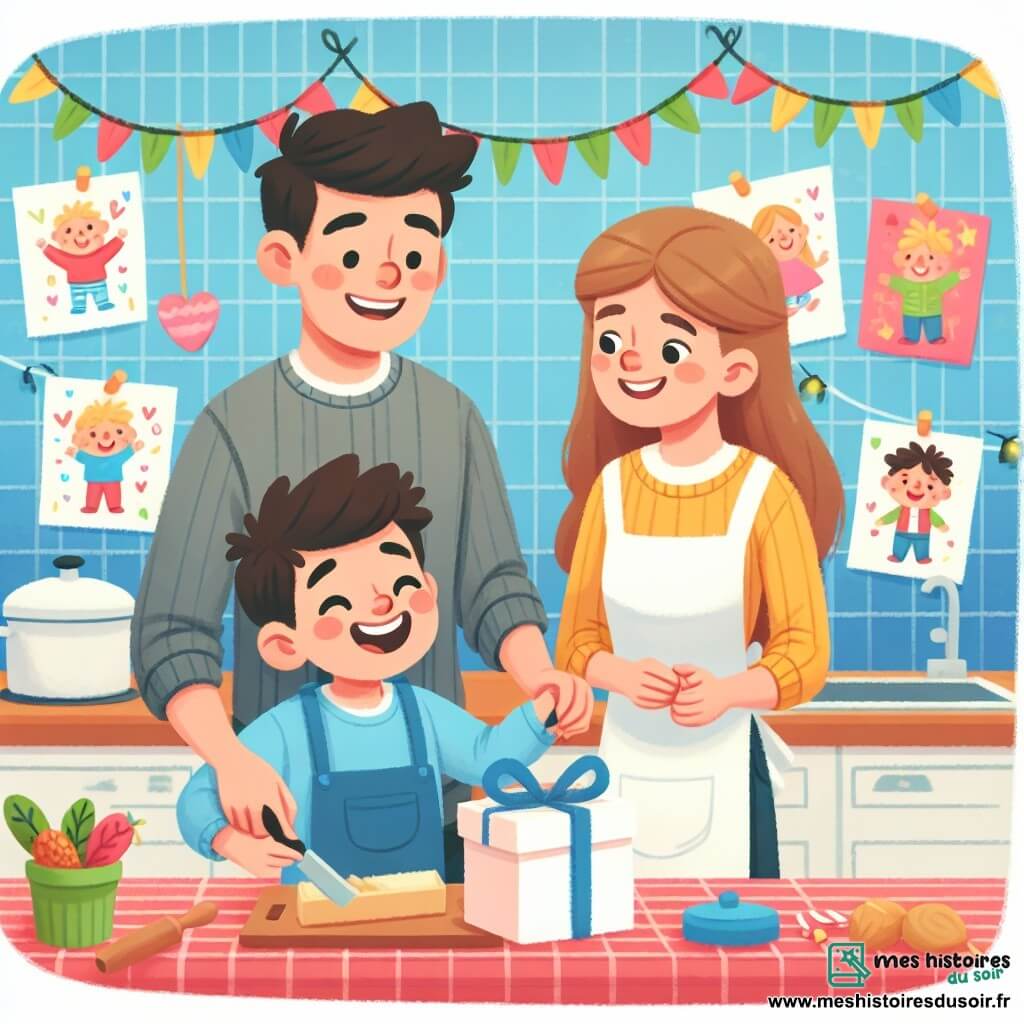 Une illustration destinée aux enfants représentant un garçon plein d'enthousiasme préparant un cadeau spécial pour son papa, sous le regard complice de sa maman, dans une cuisine chaleureuse et lumineuse décorée de guirlandes colorées et de dessins d'enfants accrochés aux murs.