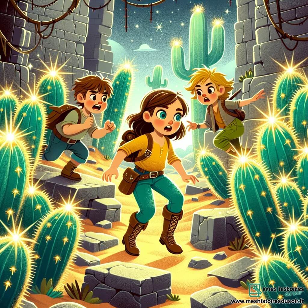 Une illustration destinée aux enfants représentant une petite fille courageuse explorant des ruines anciennes en compagnie de ses amis, un garçon malicieux et une fille curieuse, dans un désert scintillant parsemé de cactus géants aux épines luisantes.