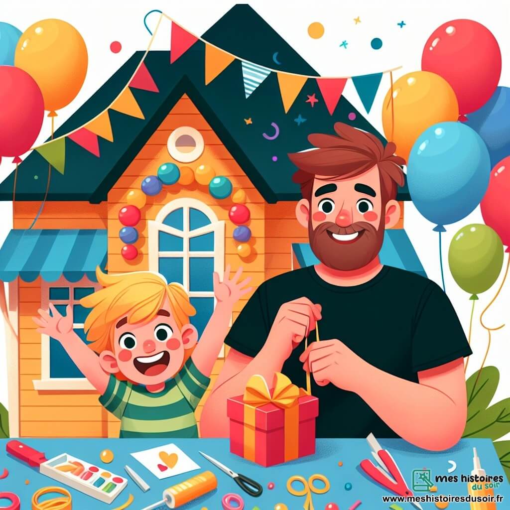 Une illustration destinée aux enfants représentant un petit garçon plein d'enthousiasme pour la fête des pères, accompagné de son papa, dans une maison colorée décorée de ballons et de guirlandes festives.