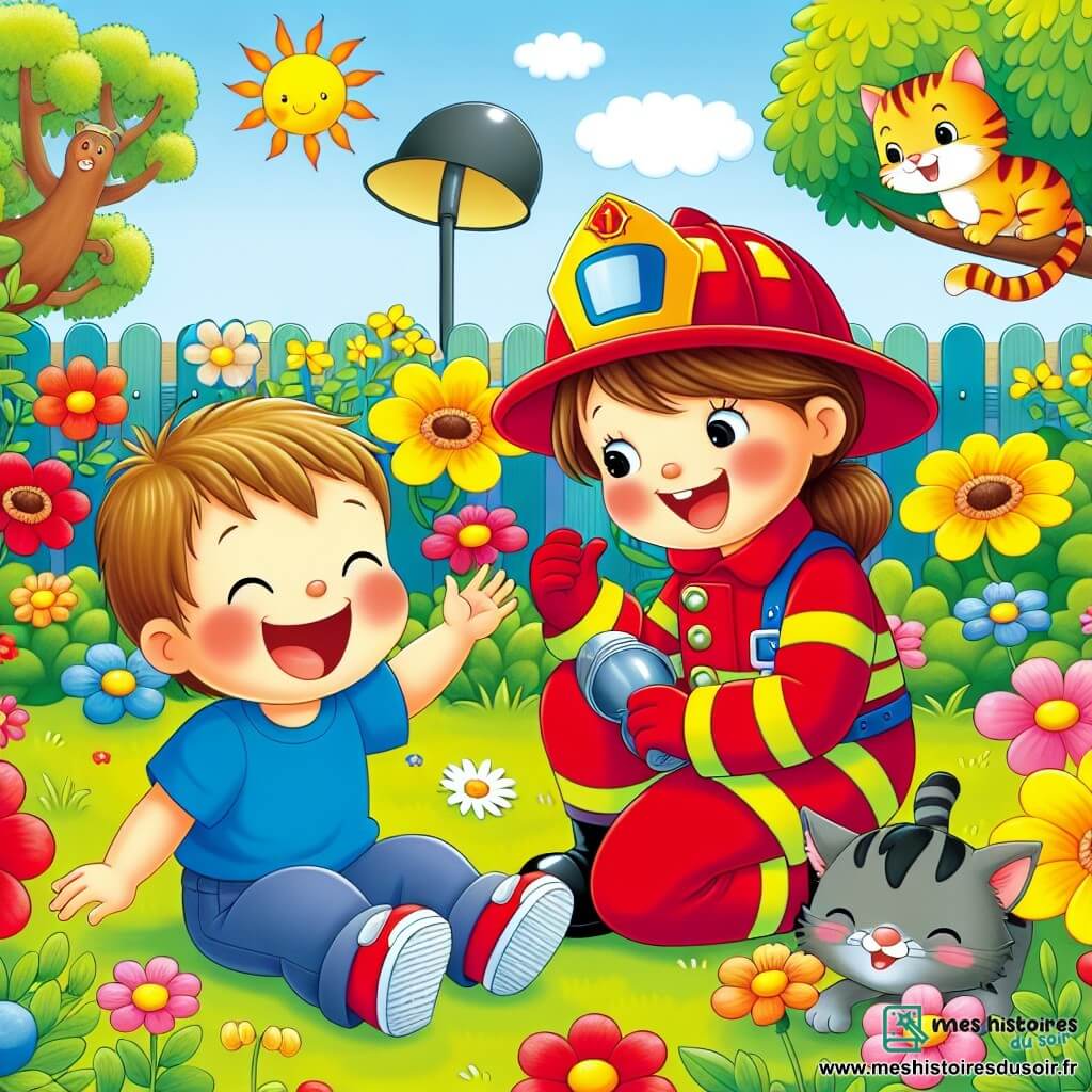 Une illustration sous forme de dessin destinée aux enfants représentant un jardin ensoleillé avec des fleurs colorées, où une femme pompier aux cheveux bruns attachés en chignon, portant une combinaison rouge et un casque, sourit joyeusement en s'agenouillant près d'un petit garçon aux cheveux blonds, vêtu d'un t-shirt bleu, qui rit en imitant le bruit du camion de pompiers, tandis qu'un chat tigré observe la scène depuis une branche d'arbre, créant une atmosphère de bonheur et d'amitié autour du thème de l'entraide et du courage.