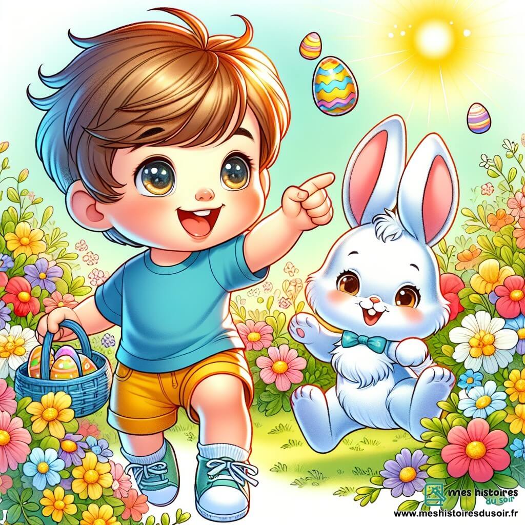 Une illustration sous forme de dessin destinée aux enfants représentant un jardin ensoleillé rempli de fleurs colorées, où un petit garçon de deux ans aux cheveux bruns et aux yeux pétillants, portant une t-shirt bleu et un short jaune, cherche des œufs de Pâques avec un grand sourire, tandis qu'un lapin blanc aux grandes oreilles et au pelage doux, portant un petit nœud papillon, les aide en sautant joyeusement autour d'eux, créant une atmosphère festive et magique de chasse aux œufs.