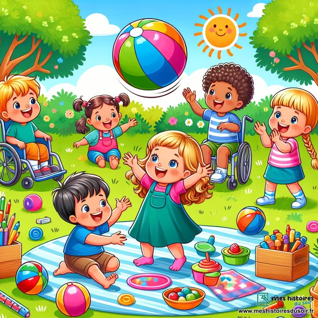 Illustration destinée aux enfants représentant une cour d'école ensoleillée, remplie de jeux colorés et d'arbres verdoyants, où un groupe de cinq enfants de trois ans s'amuse ensemble. Parmi eux, une petite fille aux cheveux bouclés et blonds, portant une robe rose, rit joyeusement en lançant un gros ballon multicolore. À ses côtés, une petite fille brune en fauteuil roulant, souriante, encourage ses camarades à jouer, tandis qu'une autre petite fille aux cheveux châtains et tressés, vêtue d'un t-shirt bleu, applaudit avec enthousiasme. L'atmosphère est joyeuse et pleine de rires, et des collations colorées sont étalées sur une couverture à proximité, ajoutant une touche de convivialité à cette scène de rentrée scolaire.