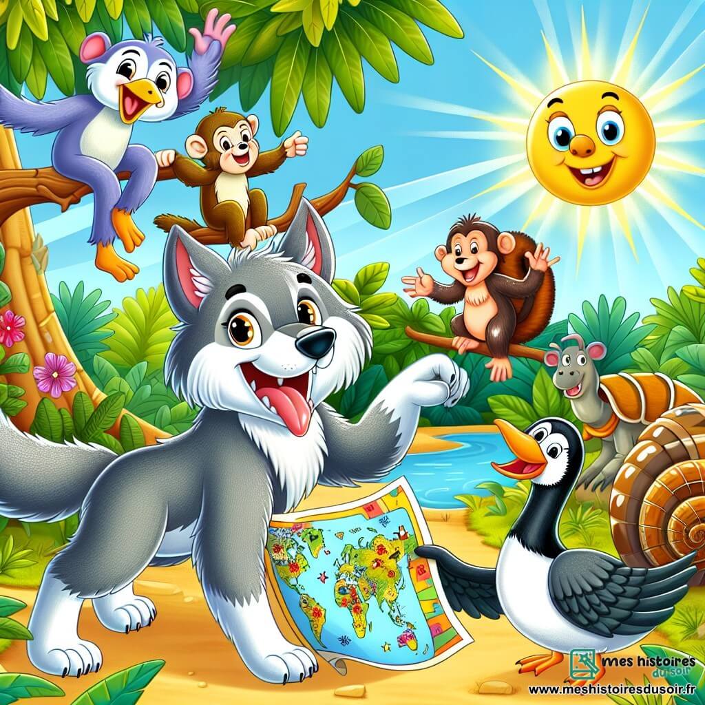 Une illustration sous forme de dessin destinée aux enfants représentant une clairière ensoleillée de jungle, où un loup à la fourrure grise éclatante et aux yeux pétillants de malice, en train de rire tout en tenant une carte au trésor colorée, est entouré de ses amis : un singe espiègle suspendu à une branche, un tatou curieux avec une carapace brillante, et une oie bavarde qui gesticule avec enthousiasme, tous prêts à partir à l'aventure pour une chasse au trésor pleine de rires et de surprises.