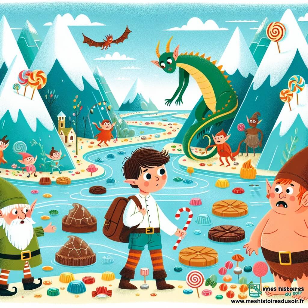 Une illustration destinée aux enfants représentant un petit garçon curieux se retrouvant dans un royaume féerique avec un lutin maladroit et un dragon farceur, entourés de montagnes de bonbons, de trolls gourmands et de rivières de chocolat.