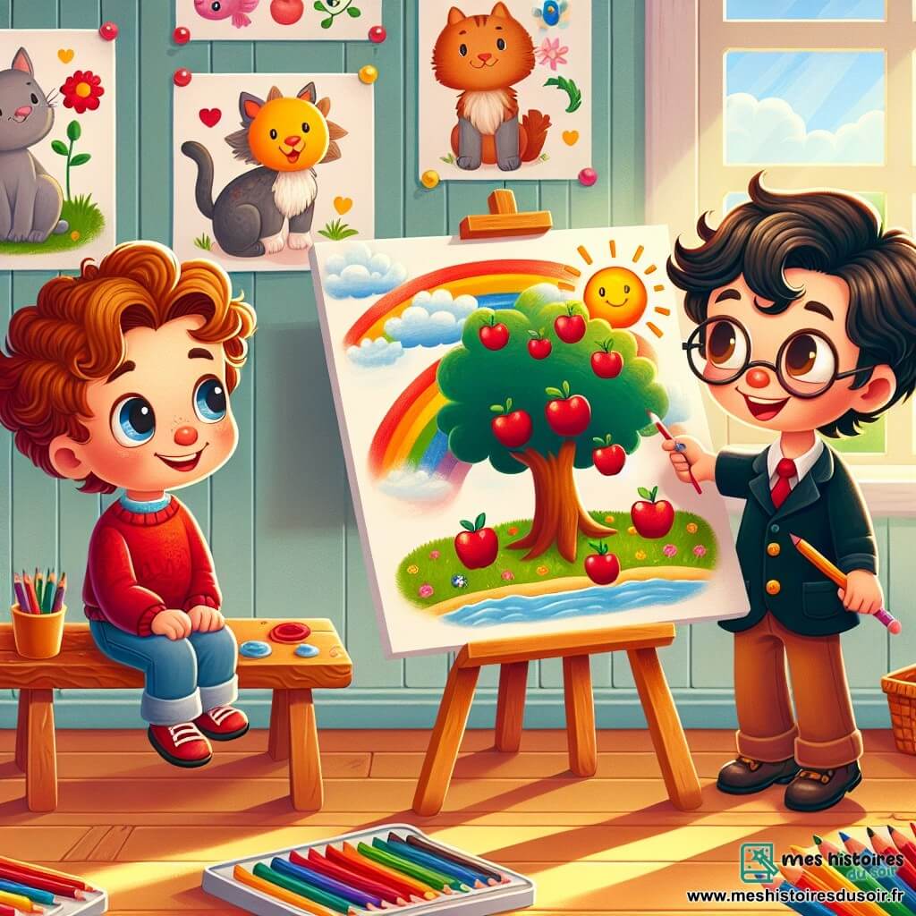 Illustration destinée aux enfants représentant un petit garçon de 4 ans, aux cheveux bouclés et aux grands yeux curieux, assis sur un banc en bois dans une salle de classe lumineuse, entouré de dessins colorés accrochés au mur. Il tient fièrement sa peinture d'un arbre aux pommes rouges, d'un chat gris et d'un soleil brillant, tandis qu'un autre garçon, aux cheveux bruns et aux lunettes, observe son dessin avec un air admiratif. La scène dégage une atmosphère de créativité et de confiance, avec des crayons de couleur éparpillés sur la table et des rayons de soleil filtrant à travers les fenêtres, illuminant l'enthousiasme du petit artiste.