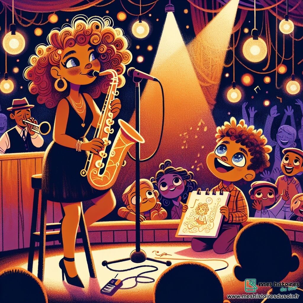 Une illustration sous forme de dessin destinée aux enfants représentant l'intérieur chaleureux et animé d'un club de jazz aux lumières tamisées, où une musicienne talentueuse aux cheveux bouclés et aux yeux pétillants joue passionnément du saxophone sur scène, entourée d'un public émerveillé, dont un petit garçon aux yeux brillants, tenant un carnet de croquis, observe avec fascination, tandis que d'autres enfants dansent joyeusement au rythme de la musique, créant une atmosphère de joie et de créativité.