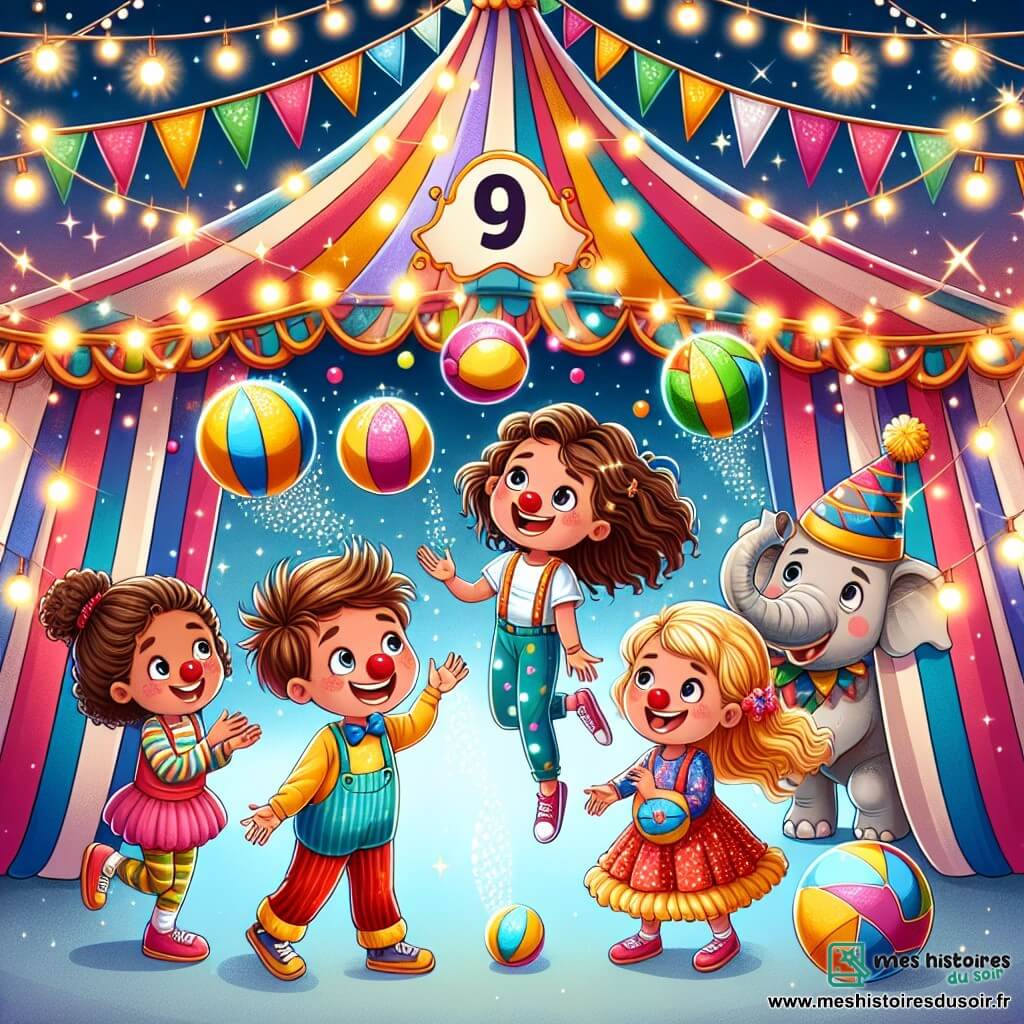 Une illustration sous forme de dessin destinée aux enfants représentant un chapiteau de cirque coloré, avec des banderoles flottantes et des lumières scintillantes, où un groupe de quatre enfants de 9 ans, deux garçons aux cheveux en bataille et un sourire éclatant, et deux filles aux cheveux longs et bouclés, tous vêtus de vêtements colorés, s'amusent à jongler avec des balles multicolores sous le regard amusé d'un clown au nez rouge, qui rit en les encourageant, tandis qu'un éléphant en arrière-plan fait une pirouette, créant une atmosphère joyeuse et magique.